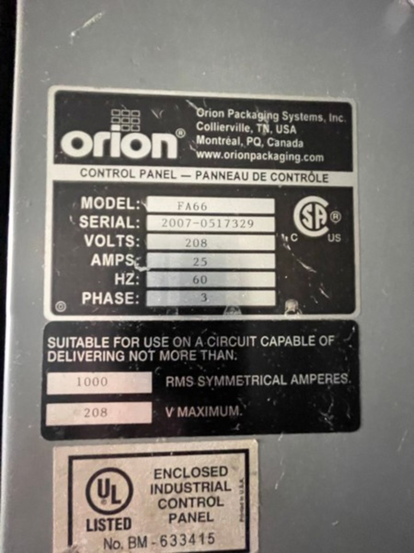 ORION PALLET WRAPPER, MODEL FA 66, S/N 2007-0517329, PALLET TURN TABLE, 208/3 PHASE, CONTROL PANEL - Image 3 of 10