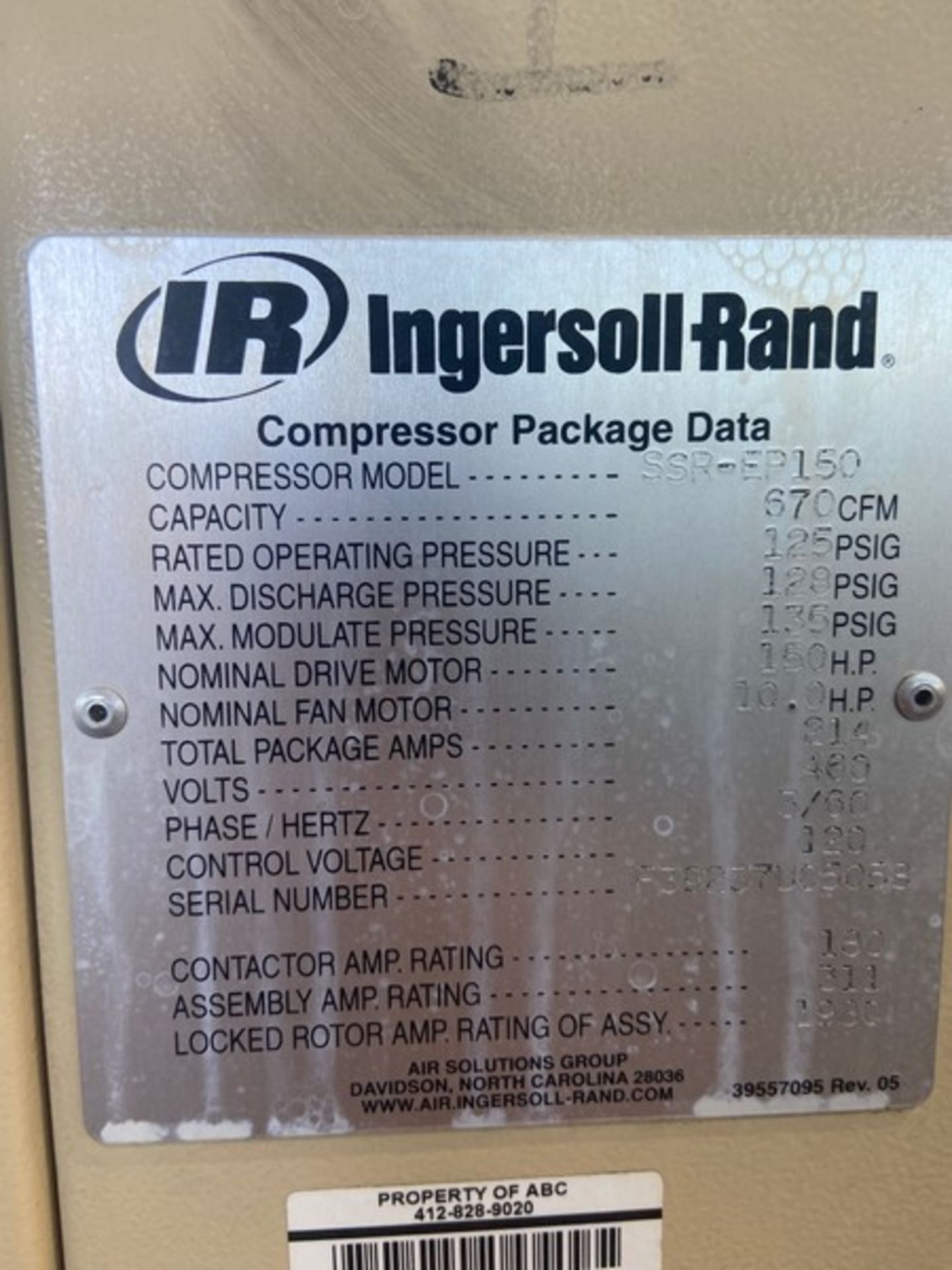 Ingersoll-Rand 150 hp Air Compressor, M/N SSR-EP150, S/N F32937U05058, 460 Volts, 3 Phase, with ( - Image 8 of 14