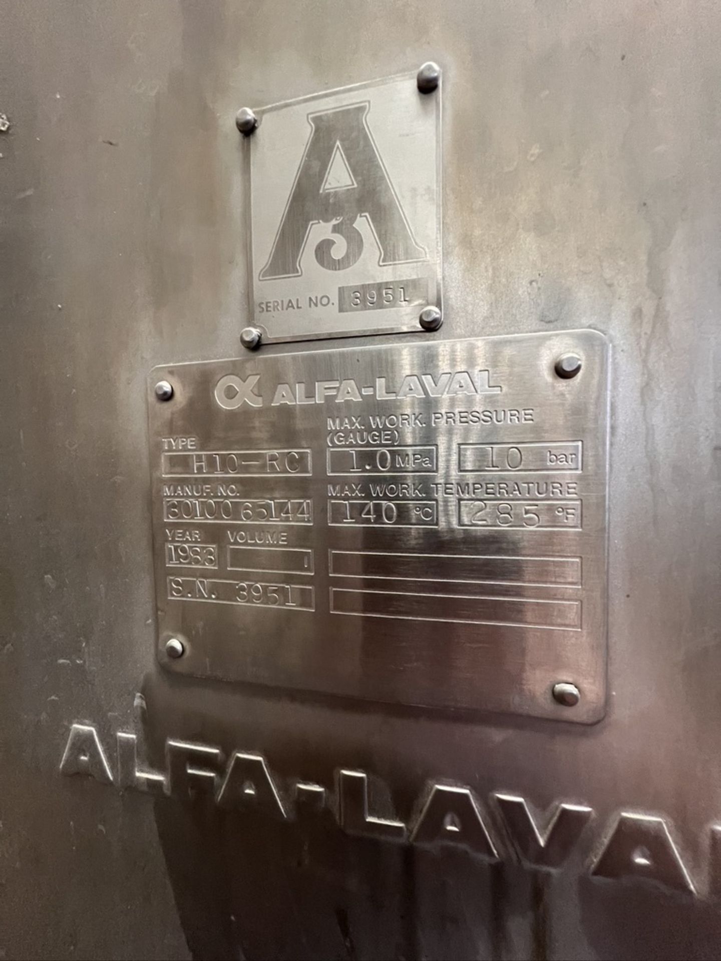 ALFA LAVAL PLATE FRAME HEAT EXCHANGER, TYPE H10-RC, S/N 3951  TYPE H10-RC, S/N 3951 (INV#87396)( - Image 3 of 4