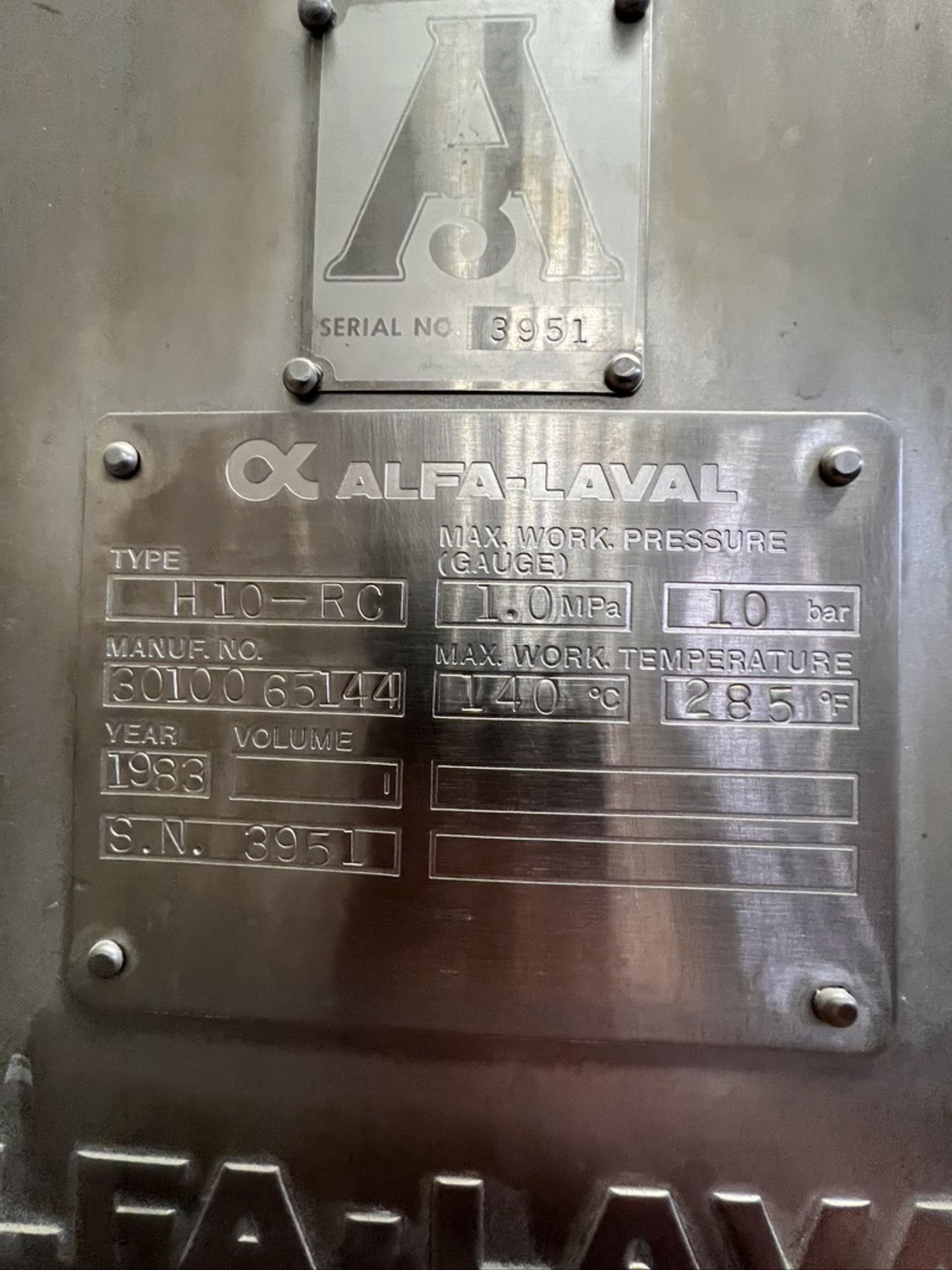 ALFA LAVAL PLATE FRAME HEAT EXCHANGER, TYPE H10-RC, S/N 3951  TYPE H10-RC, S/N 3951 (INV#87396)( - Image 4 of 4