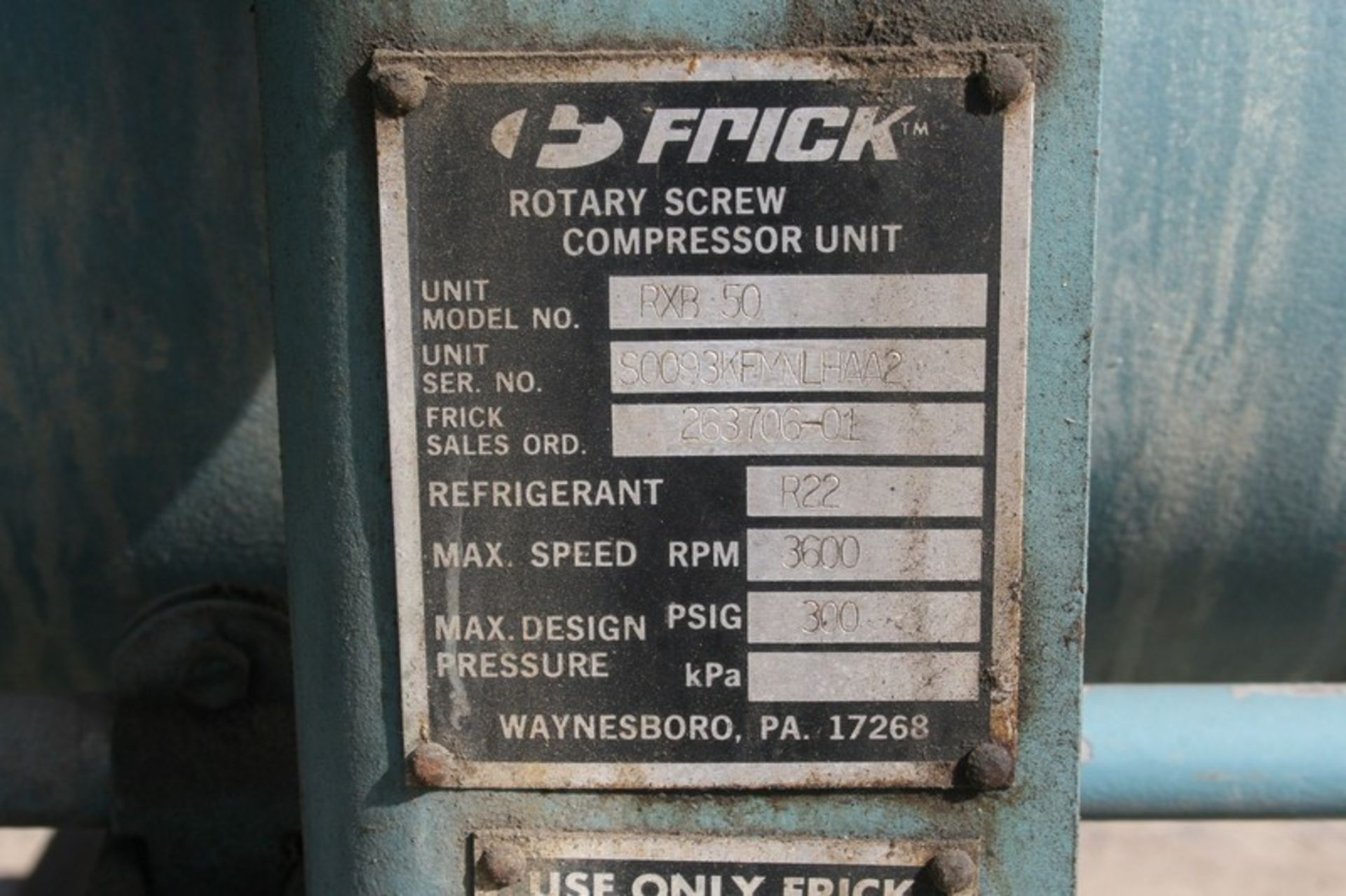Frick 125 hp Screw Ammonia Air Compressor, Model RXB 50, S/N S0093KFMNLHAA2, RPM 3450, Volt 460, - Image 9 of 9