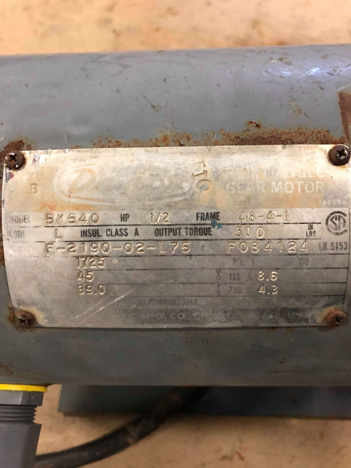 Dayton 1/2 hp Motor Gearbox, Model 5K540, S/N F-2190-02-L75 F084124 with Frame 48-4-1, 110/220 Volt, - Image 3 of 3