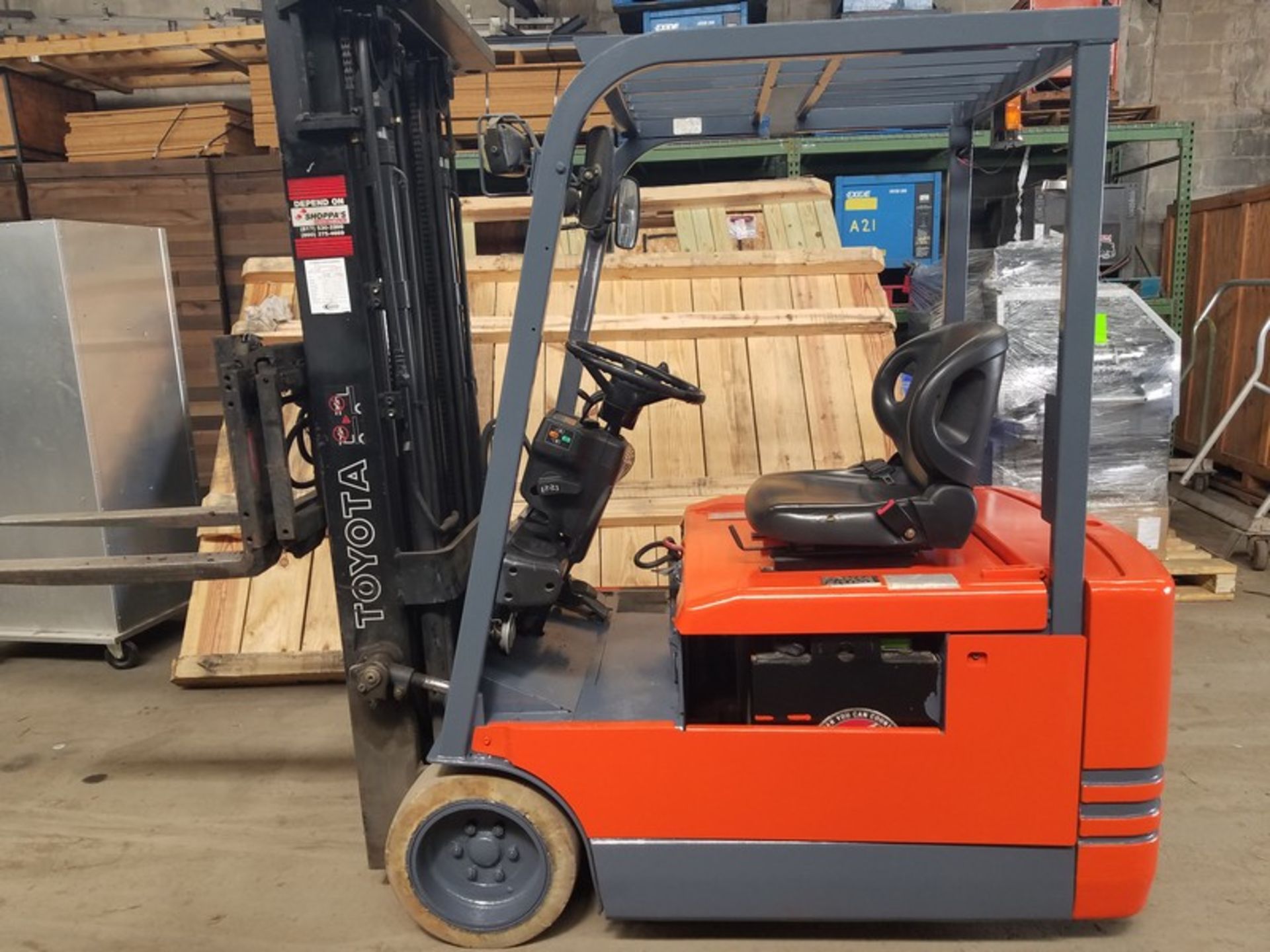 Toyota 3-Wheel Electric Forklift, Model 5FBE18, S/N 13878 with 36-Volt, 185" Mast Height, Side