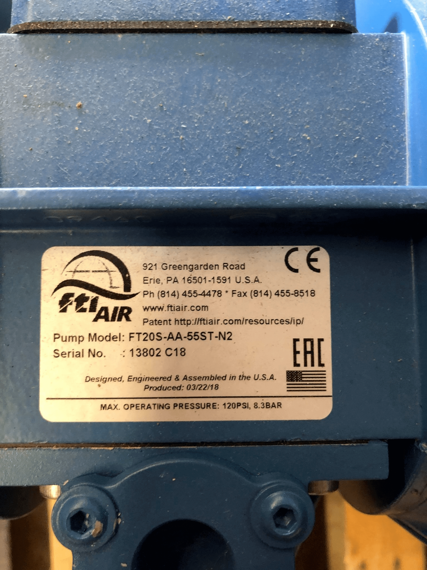 2021 FTI Air Pump, Model FT20S-AA-55ST-N2, S/N 13802C18 - Comes with Manual, 2" Inlet/Outlet, - Image 3 of 4