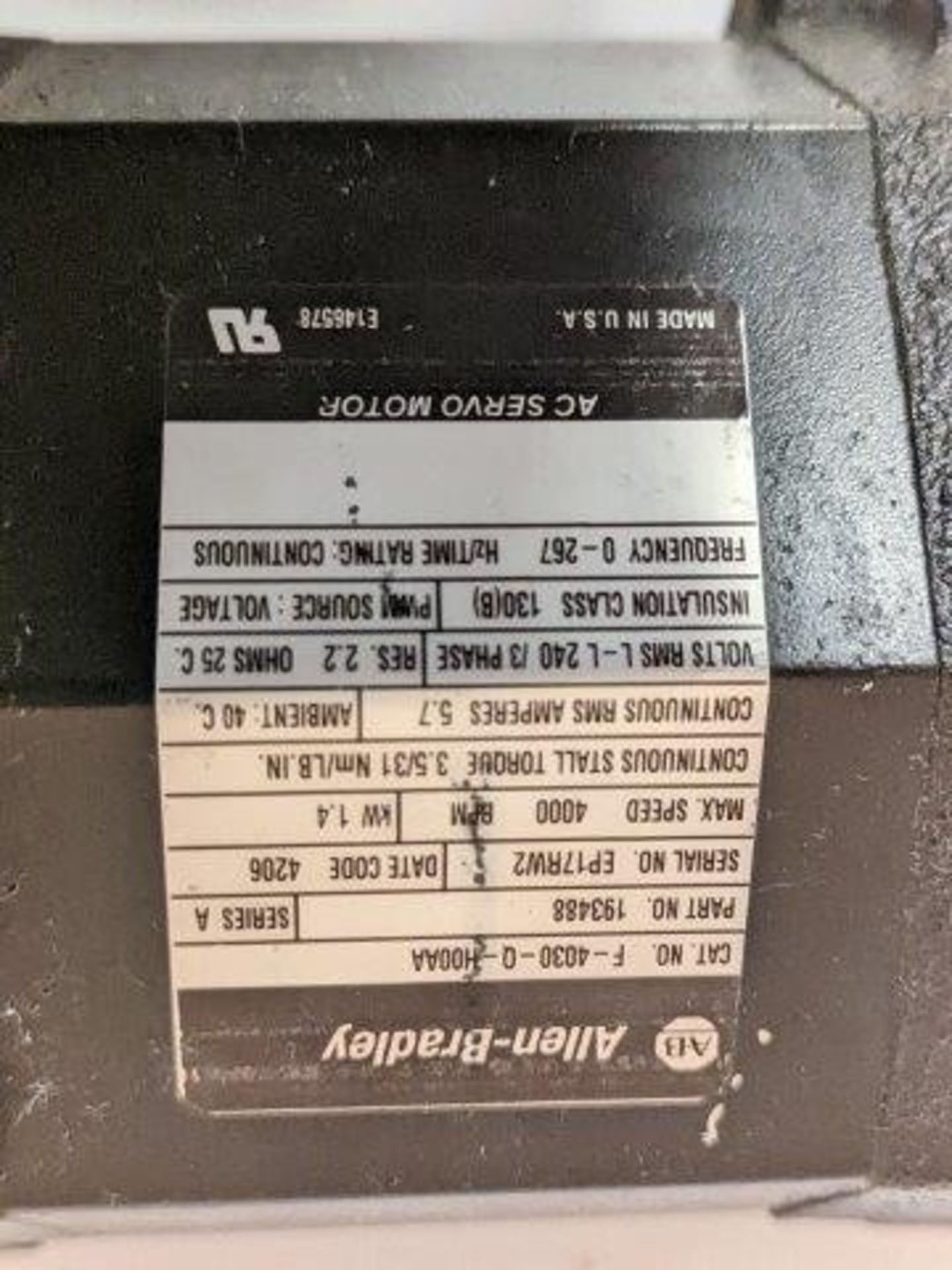 ALLEN-BRADLEY Servo Motor; Model F-4030-Q-H00AA; Max speed 4000 RPM; Includes attached APEX DYNAMICS - Image 4 of 5