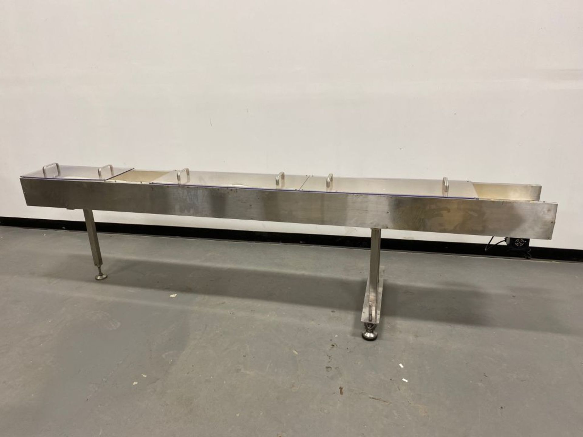 Belt Conveyor. 118" Long, 9 3/4 Wide Belt. 110 Volt Variable Speed. Belt is 28" High. As shown in