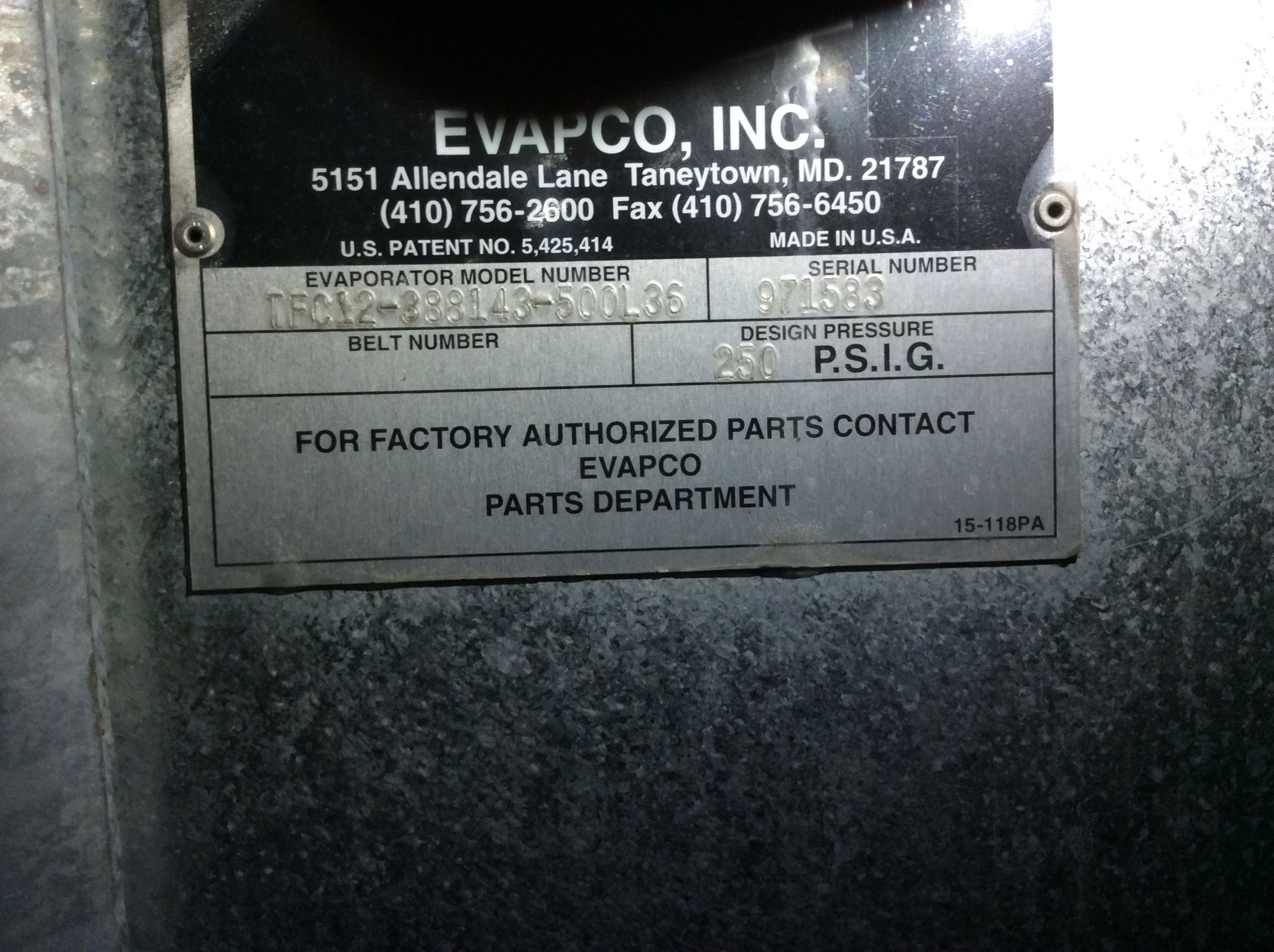 Evapco Inc. 6-Coil Evaporator, Model TFC12-388143-500L36, S/N 971583, 250 psigwith (3) Defrosting - Image 2 of 5