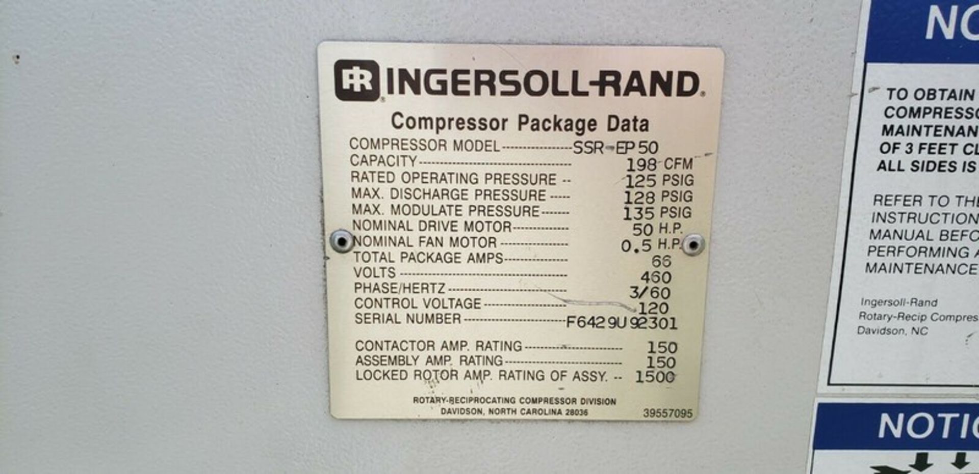Ingersoll Rand 50 hp Rotary Reciprocating Air Compressor, Model SSR-EP50, S/N F6429U92301, CFM - Image 12 of 12