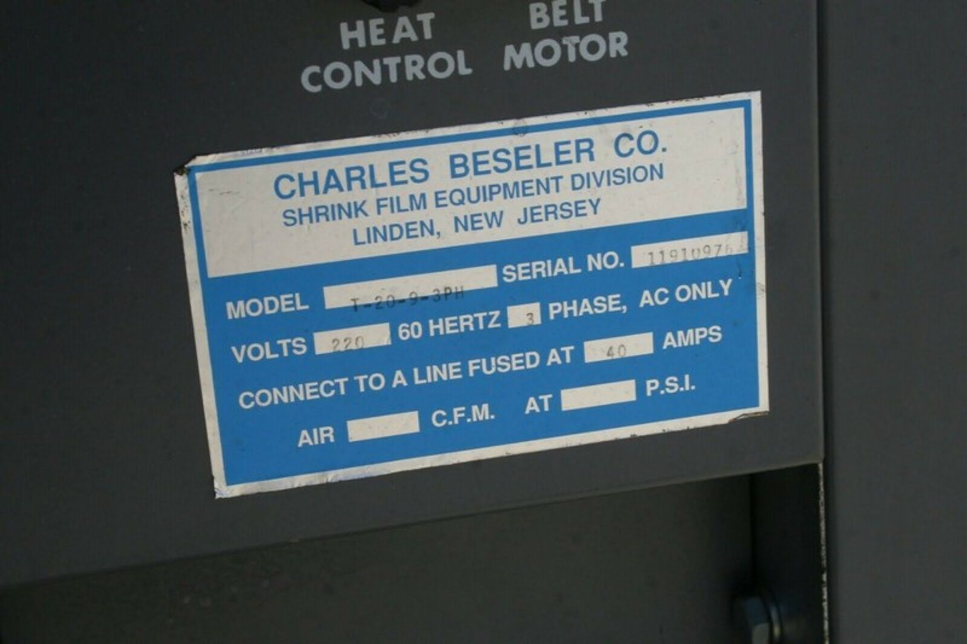 Beseler T-20-9 Heat Tunnel, S/N 11910976, 220 V, 60 Hz, 3 Phase, 40 Amps (Loading/Handling Fee $300) - Image 8 of 8