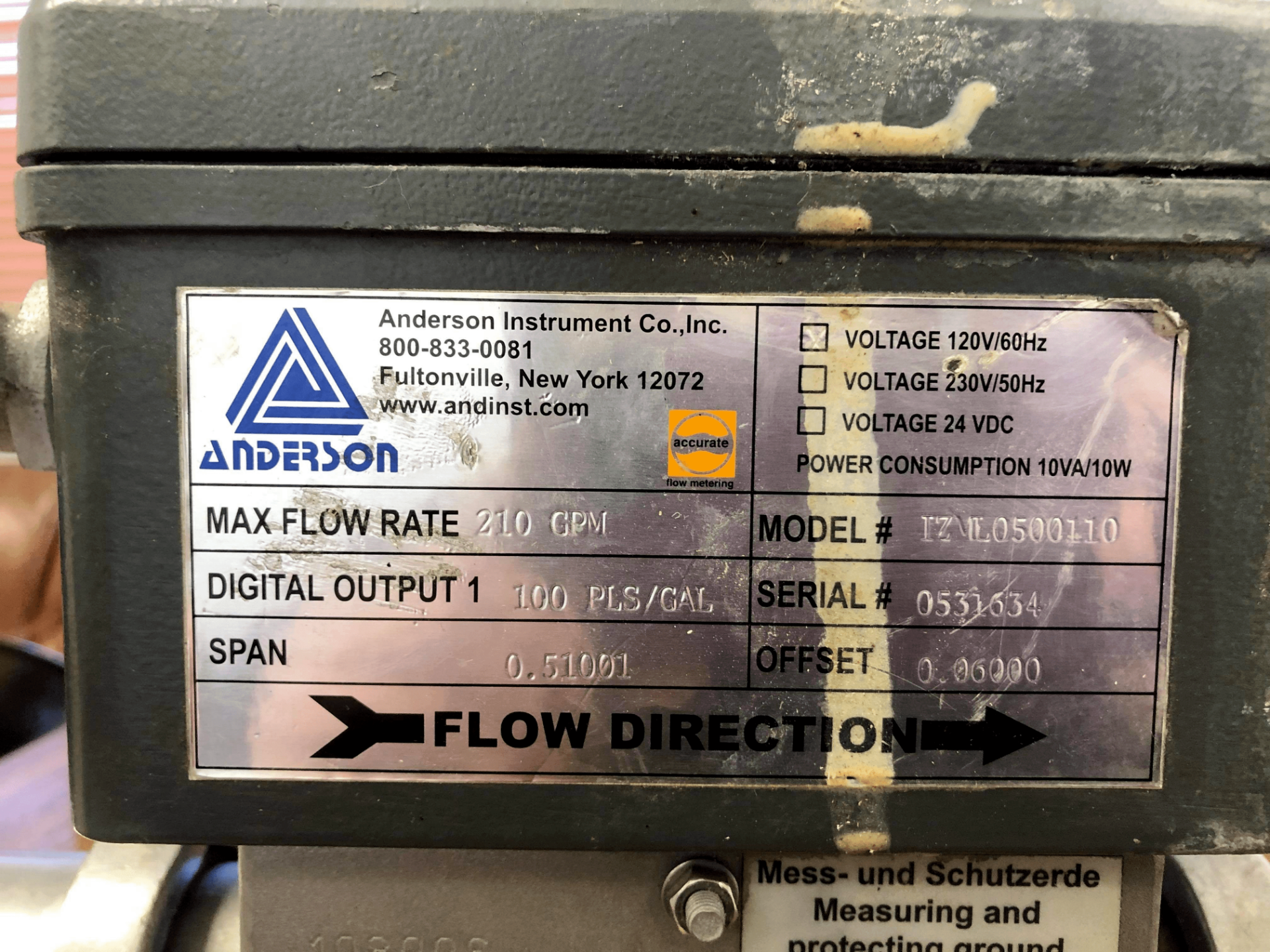 Anderson Flow Meter, Model IZML0500110, S/N 531634 with 2" inlet/outlet, 120 Voltage, Max Flow 210 - Image 3 of 3