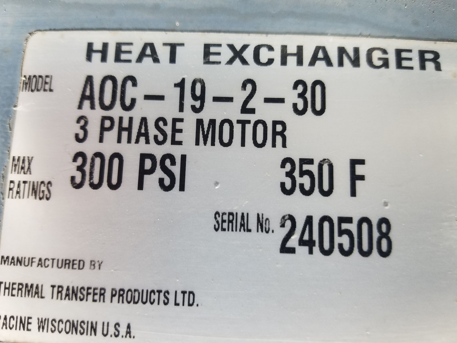 Polypac Heat Exchanger, Model AOC-19-2-30, S/N 240508, Volt 230/460, 3 Phase with 40 hp, 90 Gallon - Bild 5 aus 5