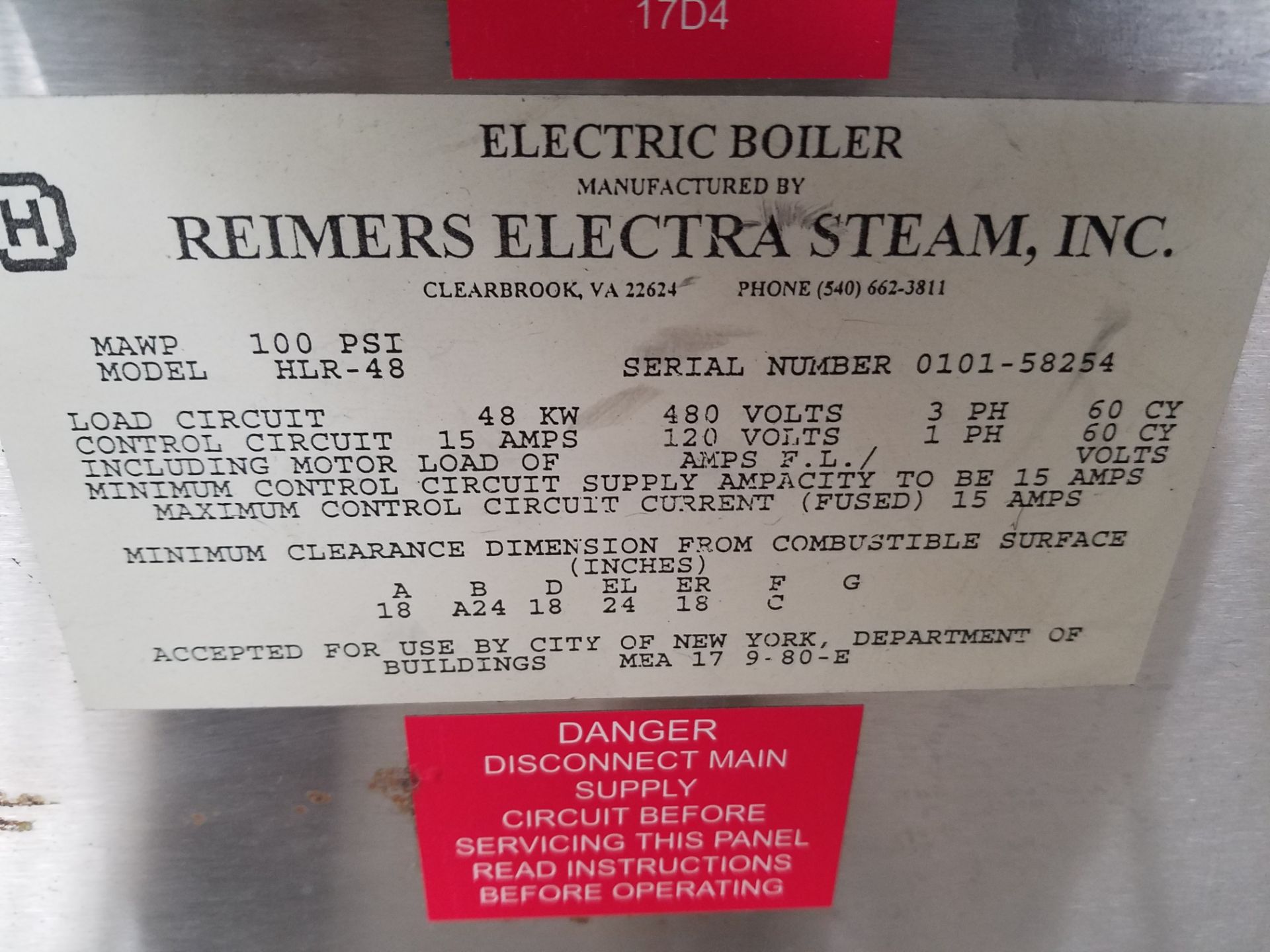 Reimers Electric Boiler, Model HLR-48, S/N 0101-58254, PSI 100 (Rigging, Loading & Site Management - Image 5 of 5