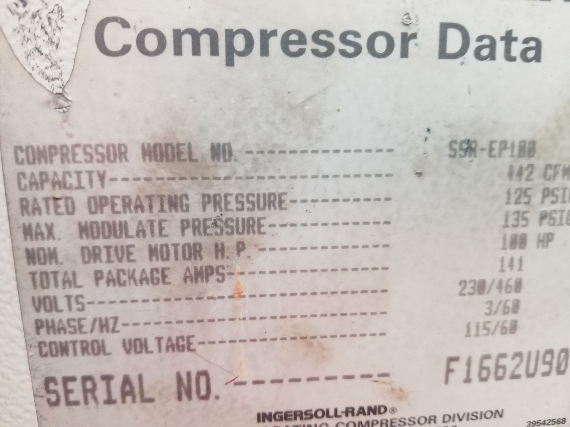 Ingersoll Rand 100 hp Rotary Screw Air Compressor, Model SSR-EP188, S/N F1662U90, Volt 230/460, 3 - Image 4 of 4