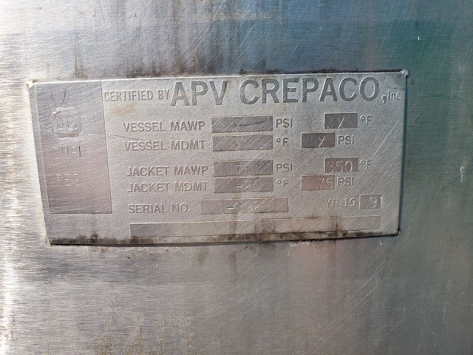 APV Crepaco 300 Gal. Jacketed Mix Tank, Max.75 psi - 350 Degree F Max. Temp., 14" Impeller - 2-3/ - Image 4 of 8