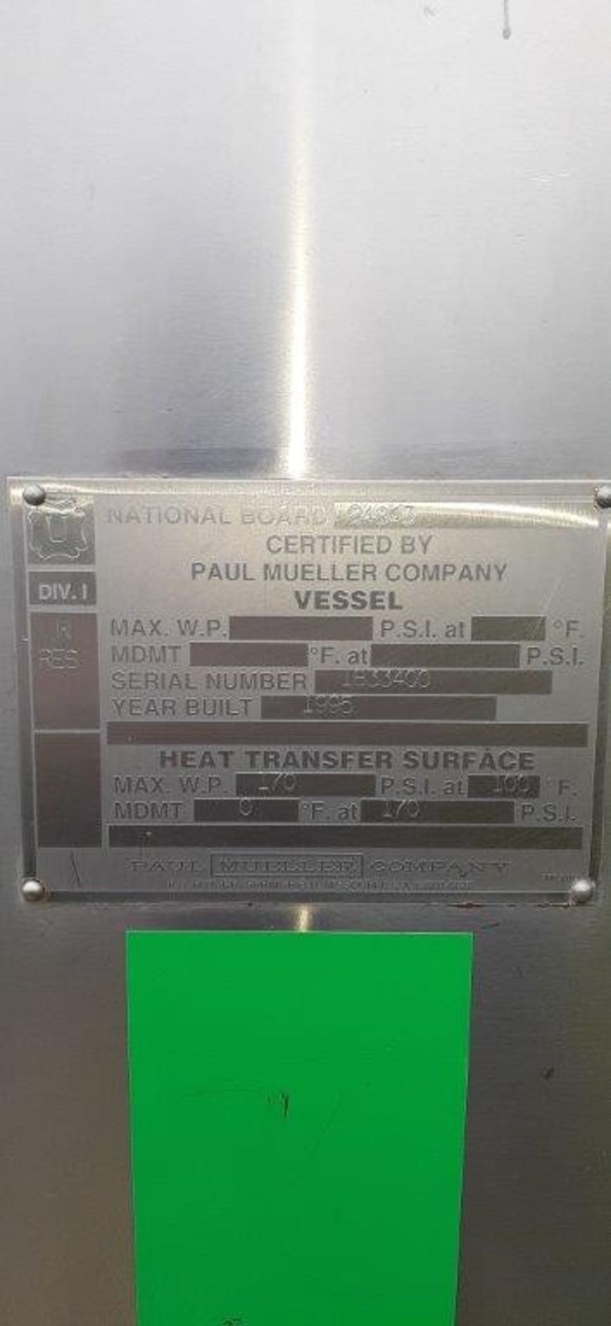 Mueller 6,000 Gal. Milk Tank with Heat Transfer Plate with Agitation, Mfg. 1995 (Located - Image 6 of 8