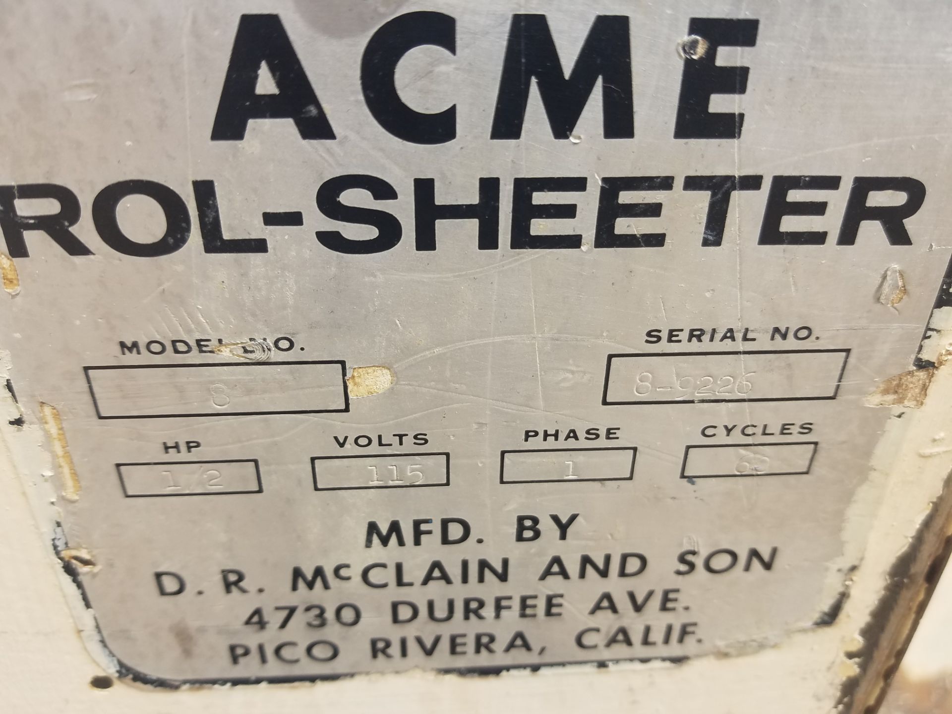 Acme 8-Rol-Sheeter, S/N 8-9226 with 19-1/2" Conveyor Belt, Volt 115 (Rigging, Loading & Site - Image 5 of 5