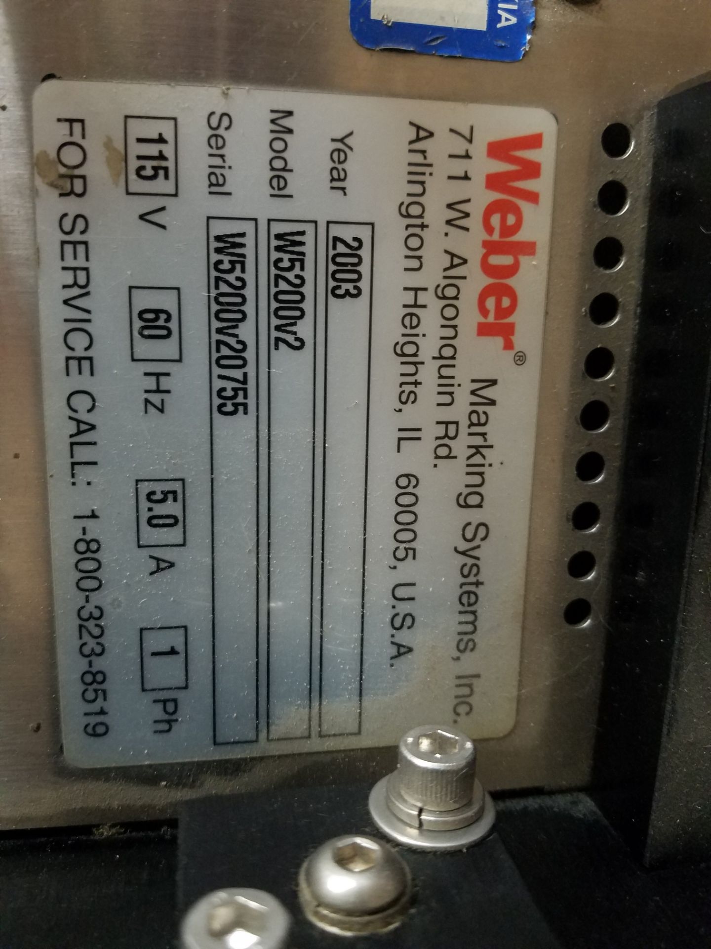 Weber Printer Applicator, Model 5200, S/N W5200V21260, Volt115 with Zebra Printer, Model 170PAX3 ( - Image 5 of 5