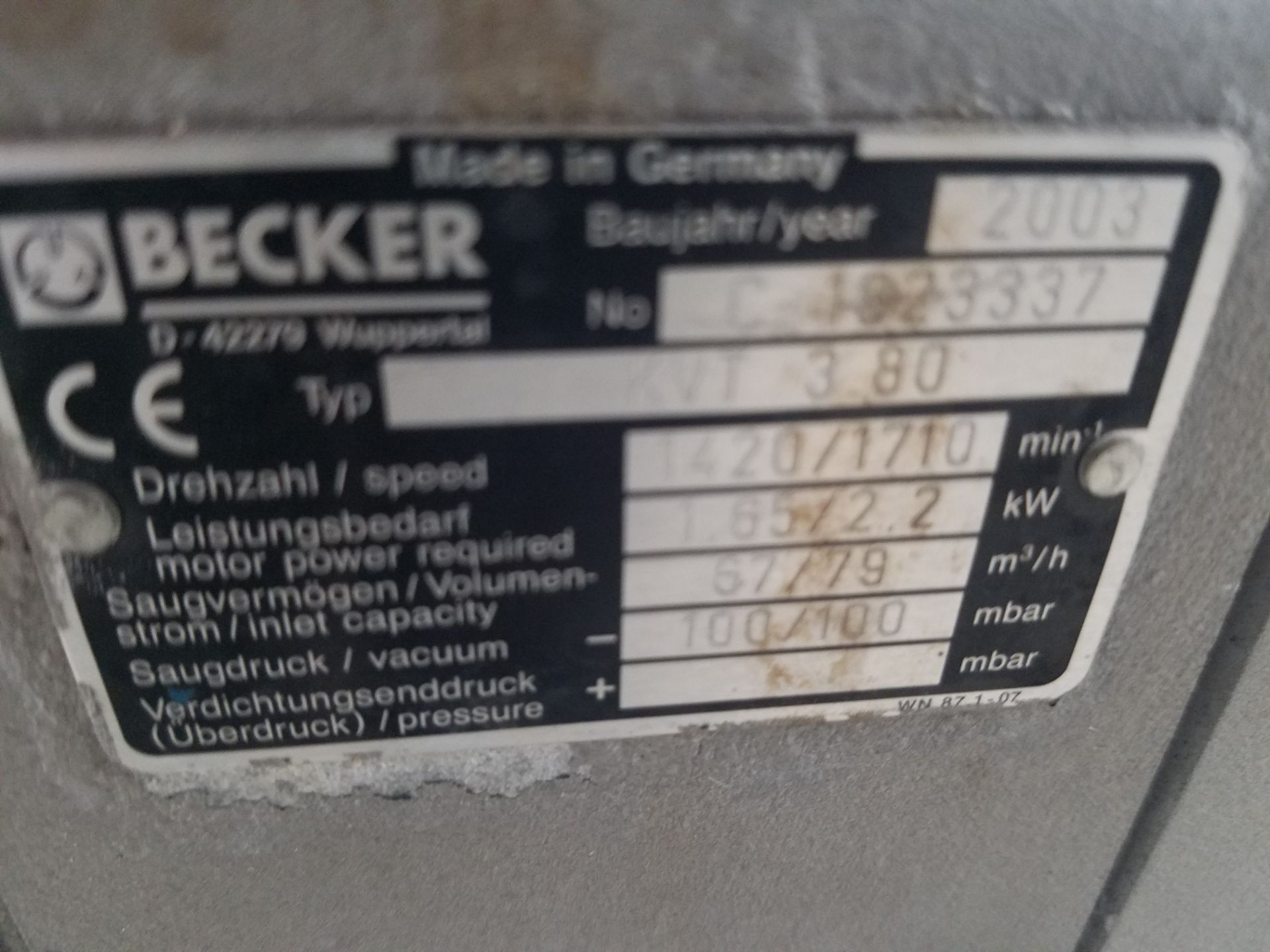 Becker KVT 3.80 Vacuum Pump, 5 hp, Volt 230/360, 3-Phase (Loading Fee $100) (Located Fort Worth, TX - Image 3 of 5