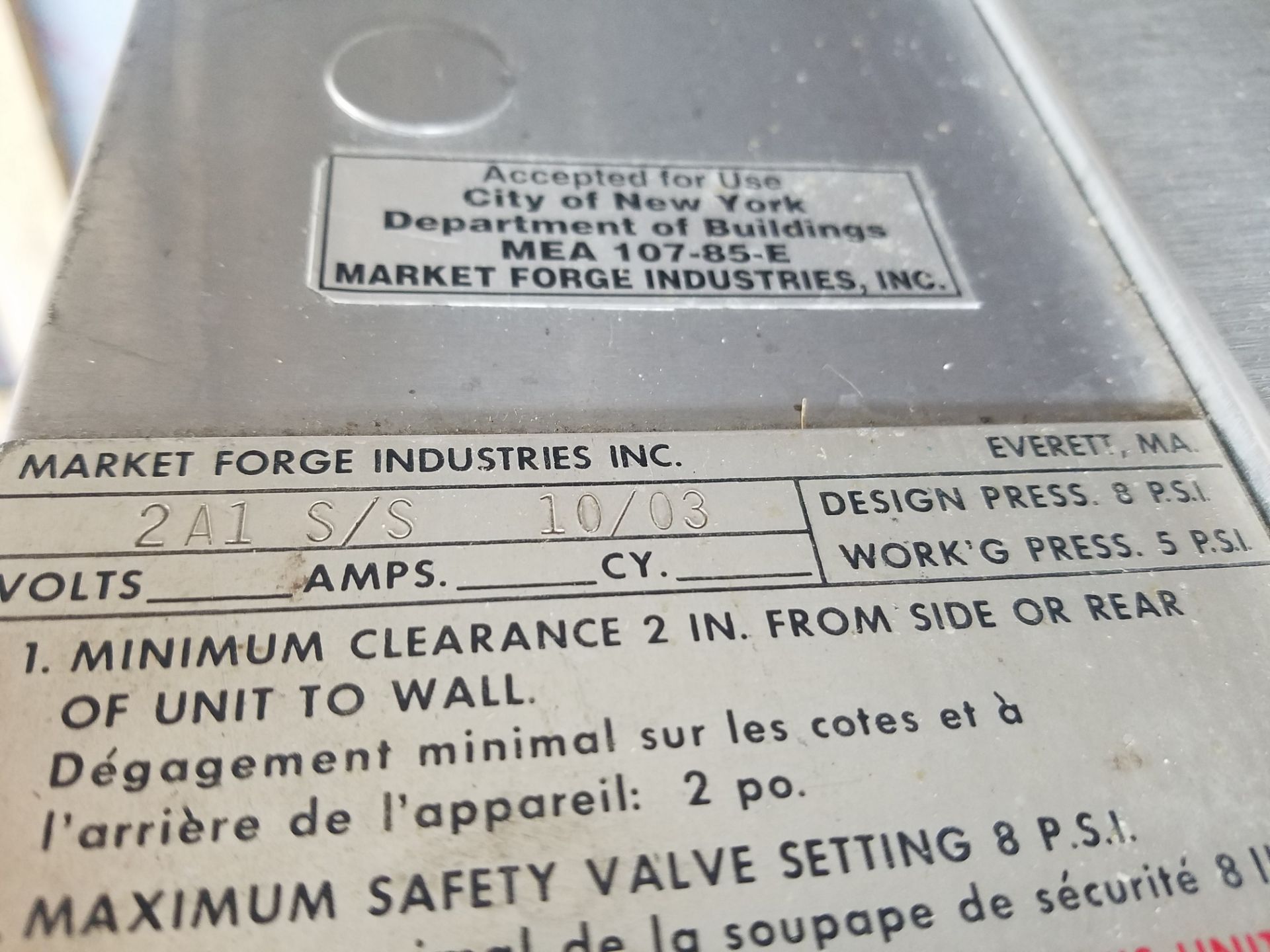 Market Forge Gas Steam Oven, Model 2A1, S/N 216508 (Rigging, Loading & Site Management Fee $50.00 - Image 5 of 5