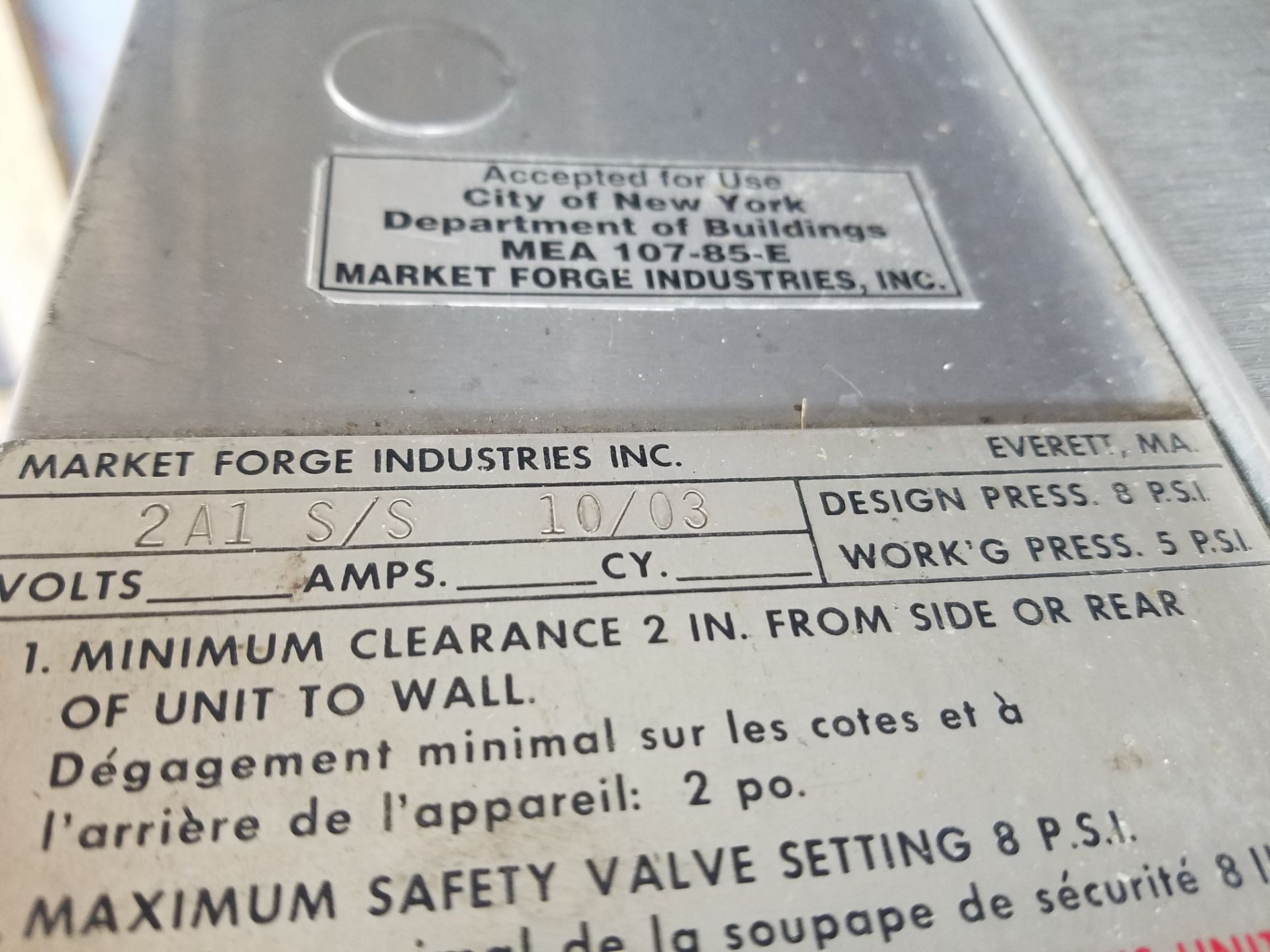 Market Forge Gas Steam Oven, Model 2A1, S/N 216508 (Rigging, Loading & Site Management Fee $50.00 - Bild 5 aus 5