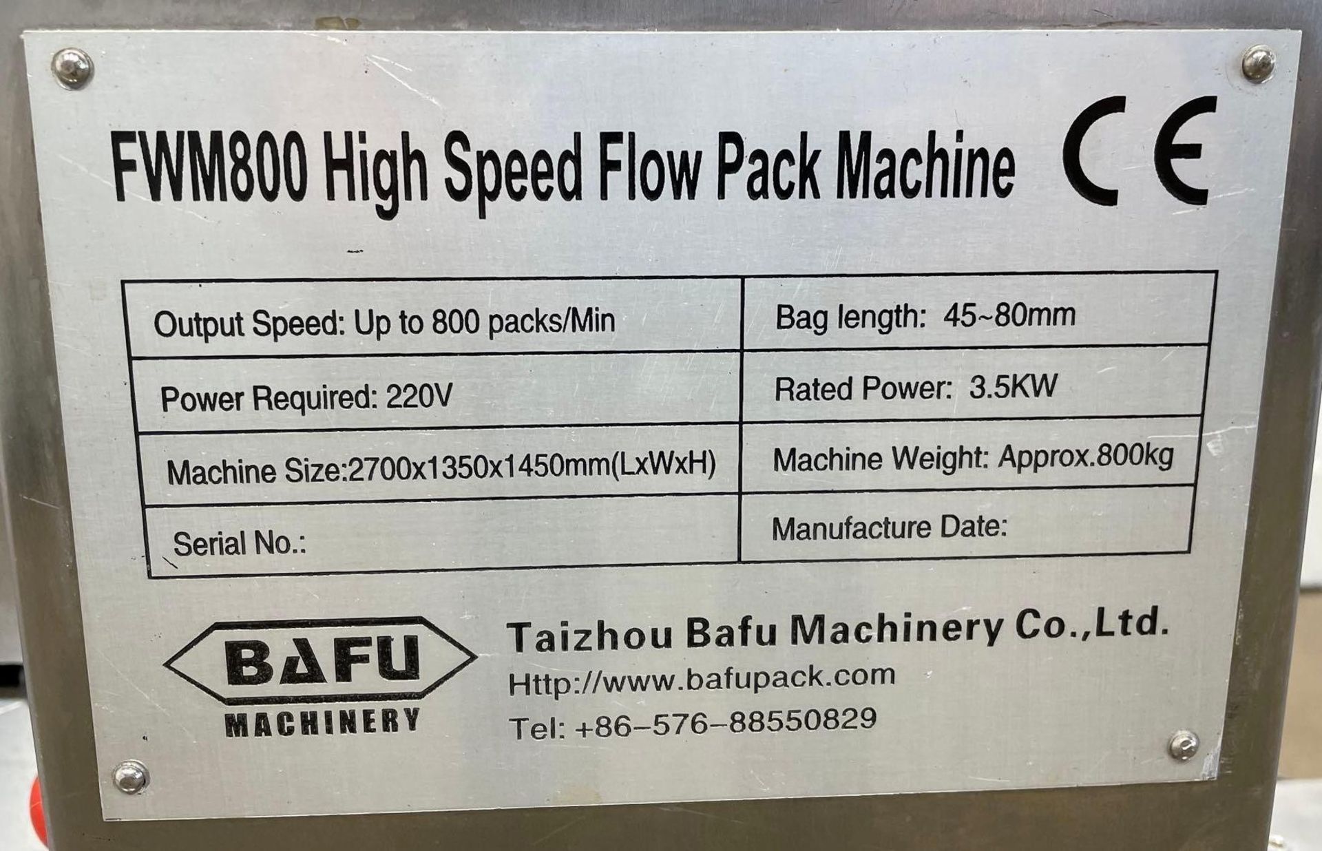 Make: Taizhou BAFU Machinery, Model: FWM800, Type: Confectionary Packing Machine (High Speed Flow - Image 21 of 21
