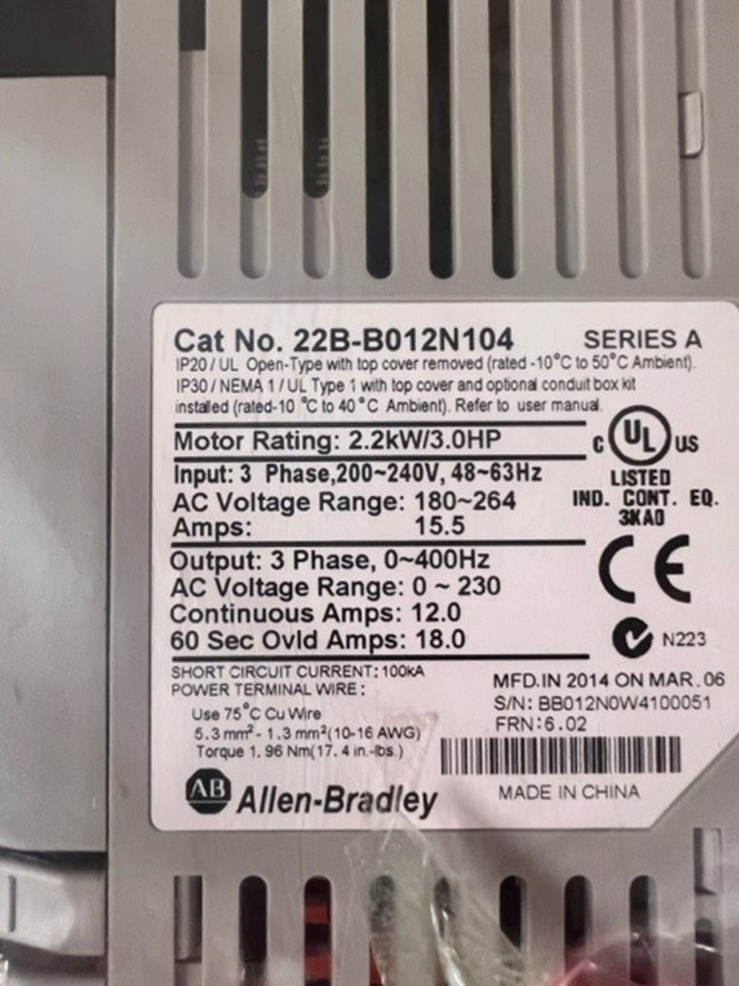 Allen Bradley 2.2 kW / 3 hp PowerFlex 40 Drive, Cat #22B-B012N104, Series A, 200 - 240 Volt, 3 - Image 2 of 3