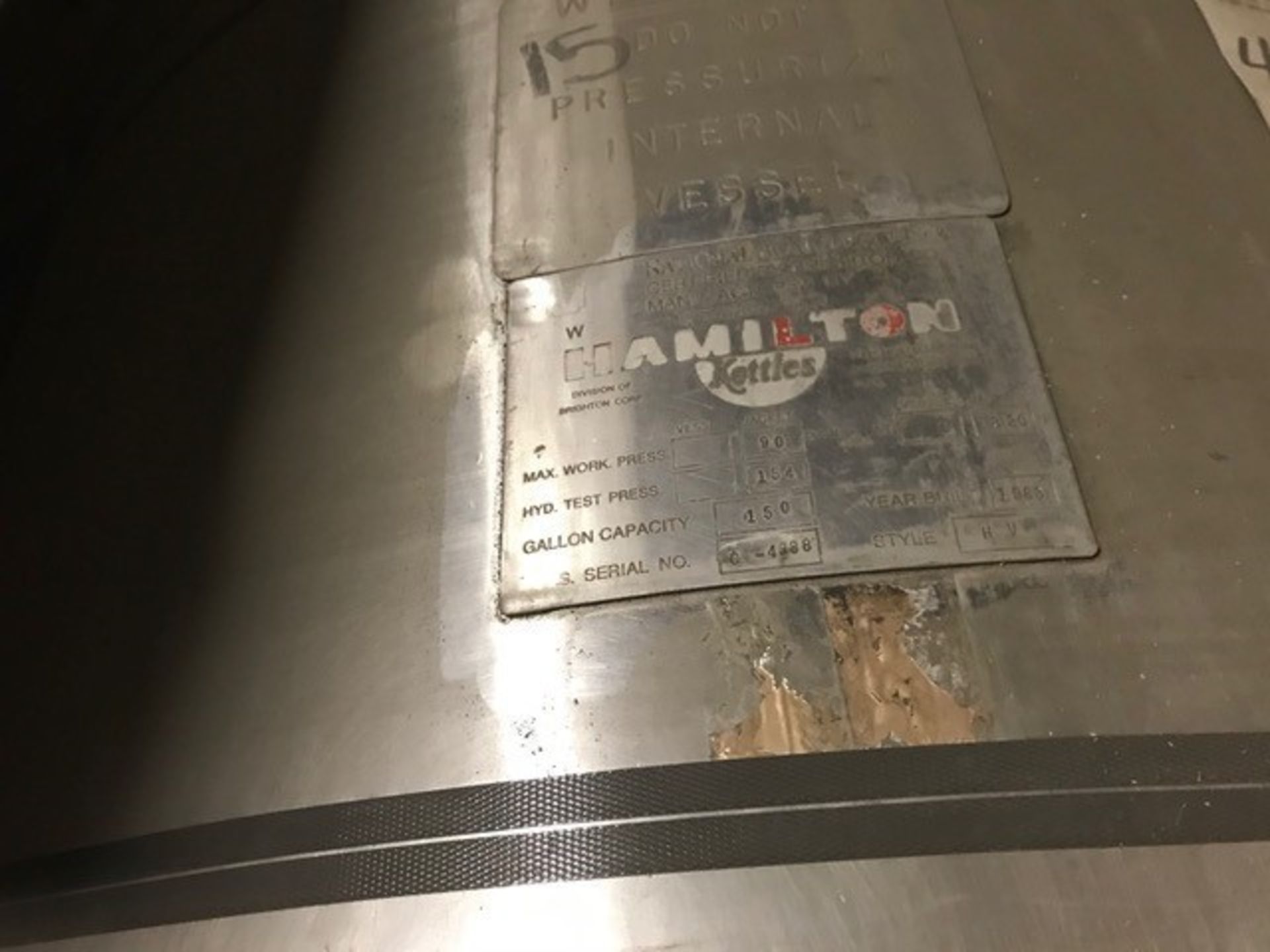 Hamilton 150 Gal. S/S Steam Jacketed Vacuum Kettle, Model D-4998, S/N 111279 with Scrape Surface - Image 5 of 5