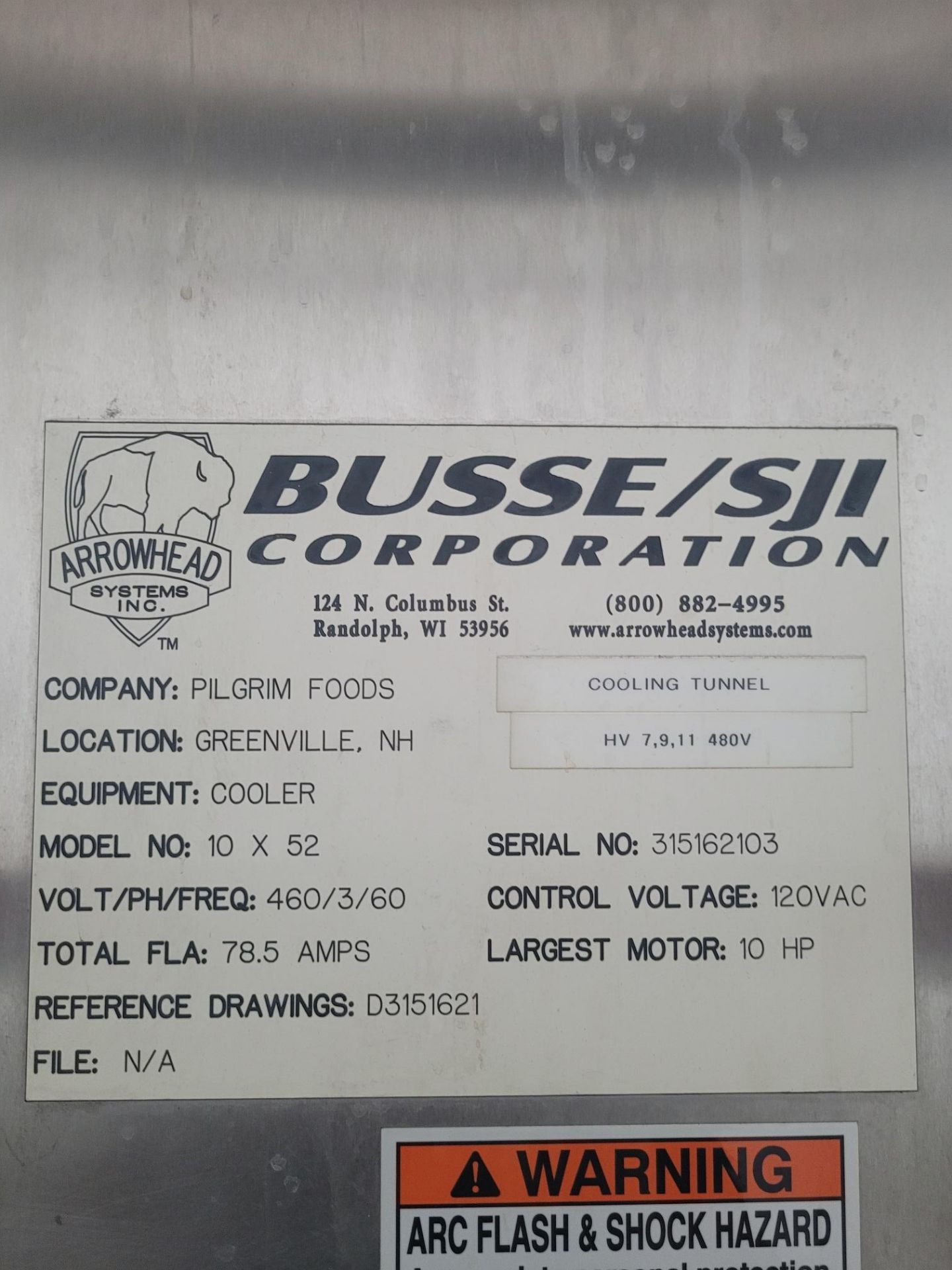 Busse/SJI S/S Cooling Tunnel, Model 10 x 52, S/N 315162103, Volt 460, Phase 3, Aprox. Dimension - Image 11 of 14