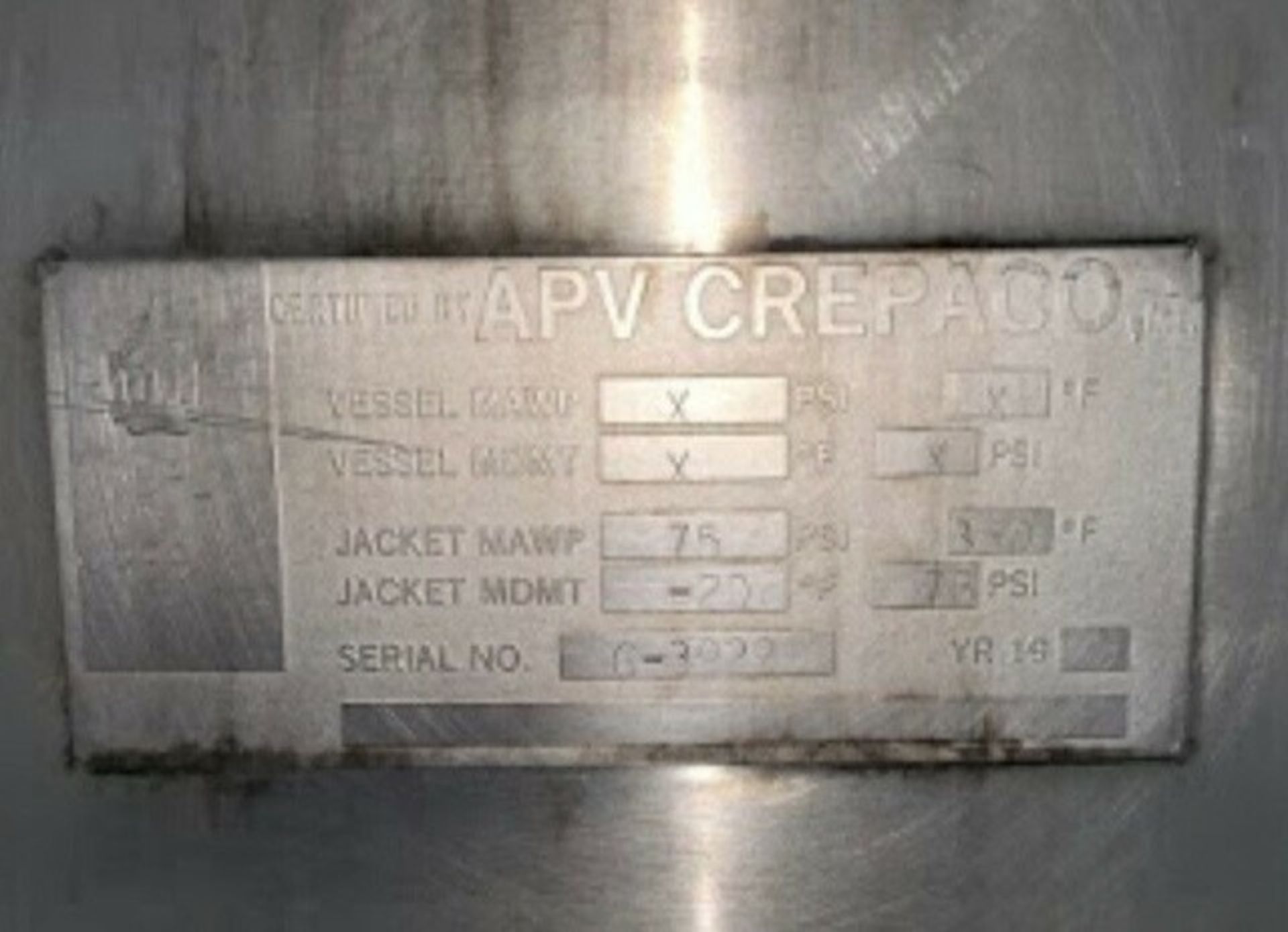 APV Crepaco 300 Gal. Jacketed Mix Tank, Max.75 psi - 350 Degree F Max. Temp., 14" Impeller - 2-3/ - Image 5 of 5