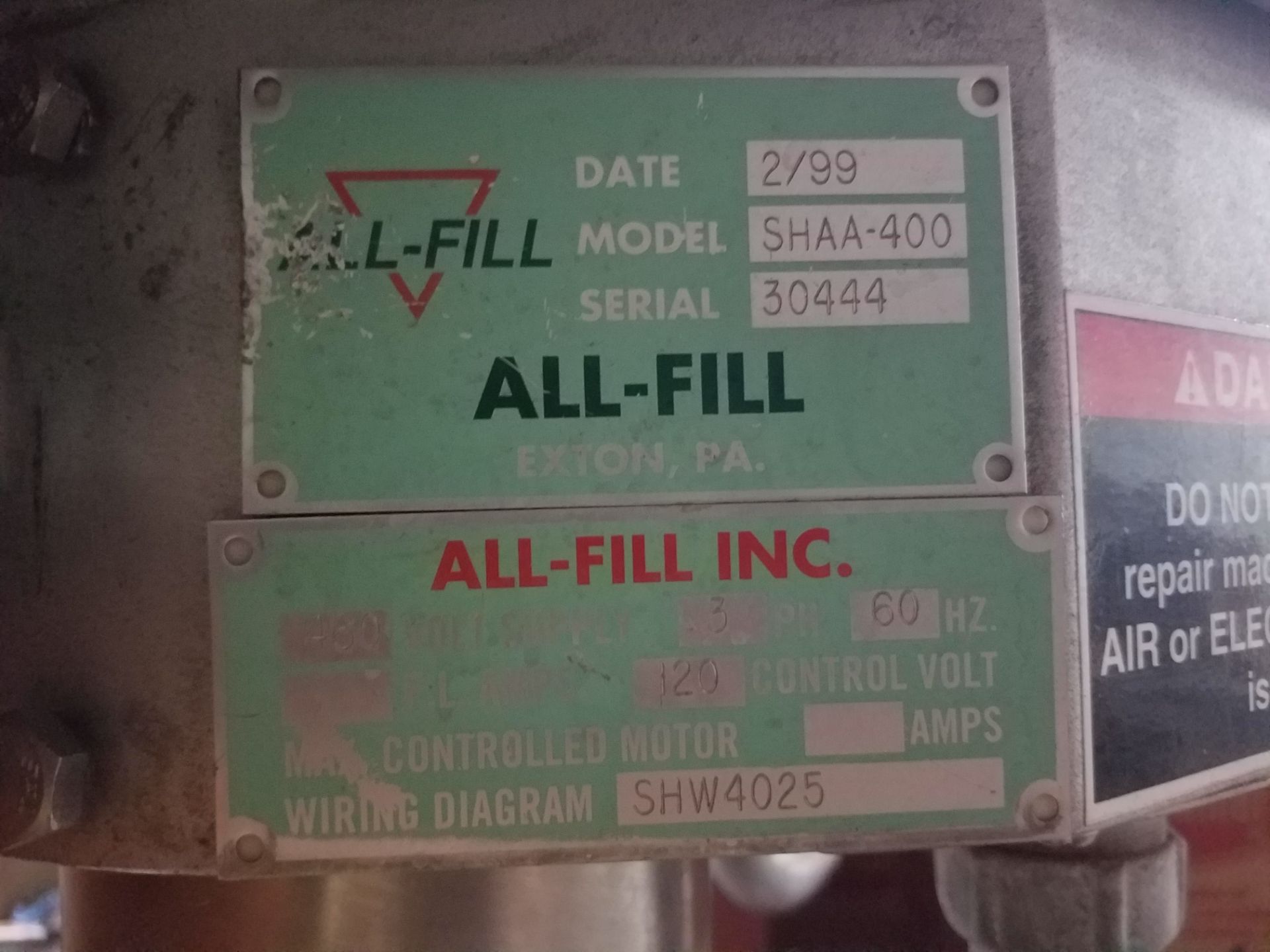 All Fill SHAA-400 Automaic Power Filler, S/N 30444, Volt 480, 3-Phase (Loading, Rigging & Site - Image 5 of 5