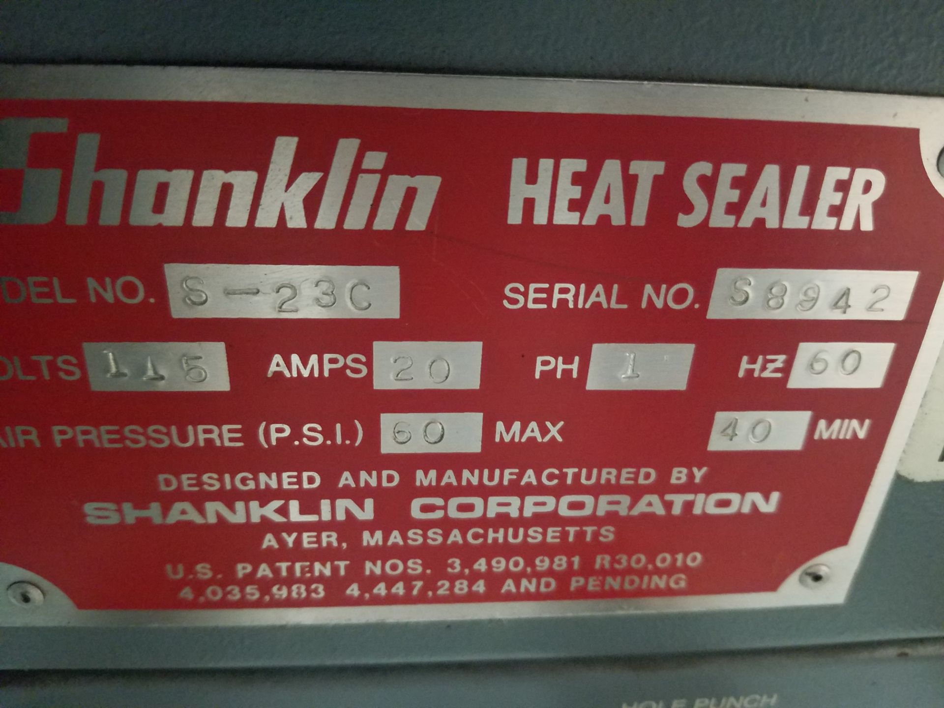 Shanklin S-23C Heat Sealer, Serial S8942, Volt 208, 1-Phase (Loading, Rigging & Site Management Fee - Image 5 of 5