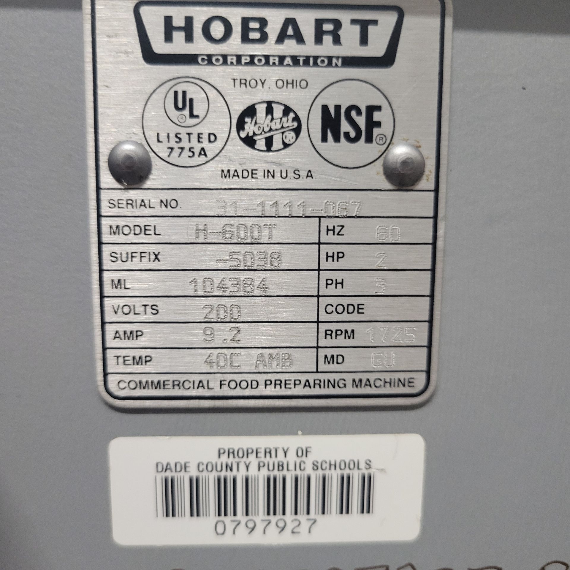 Hobart 60 Qt. Mixer, Model H-600T, S/N 31-111-067, 2 hp, 200 V, 1725 RPM, 3 Phase (Load Fee $75) - Image 5 of 5