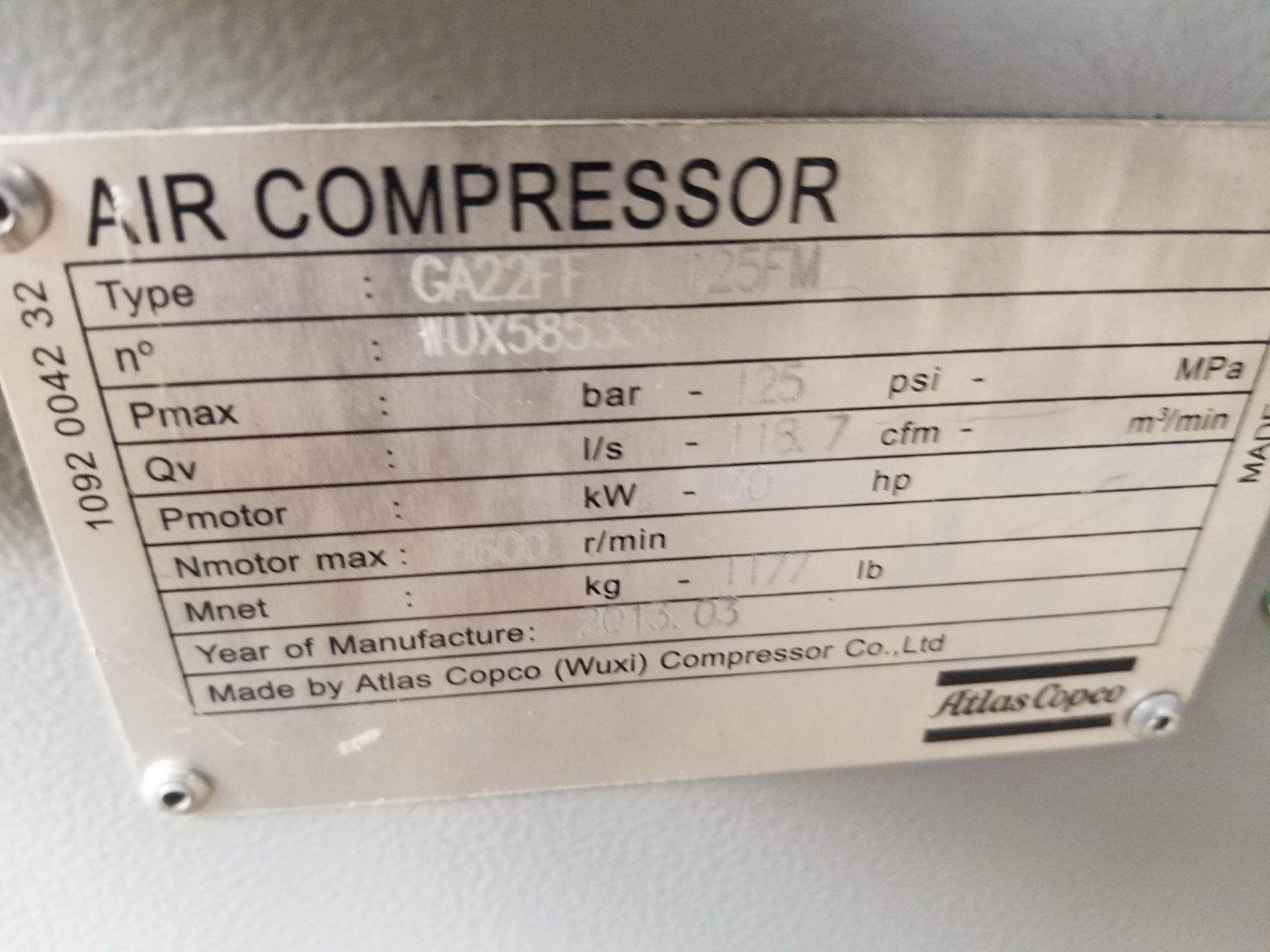 Atlas Copco GA22FF A 125 FM Screw Air Compressor, Serial # 00GHRDA1267, YR 2013 ( - Image 5 of 5
