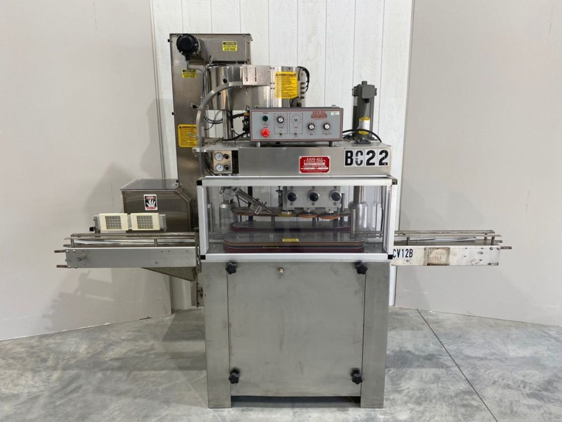 Kaps All Capper, Model A, S/N 4088, 6-Spindles with Elevator, Vibratory Feeder, Power 220 Volts /