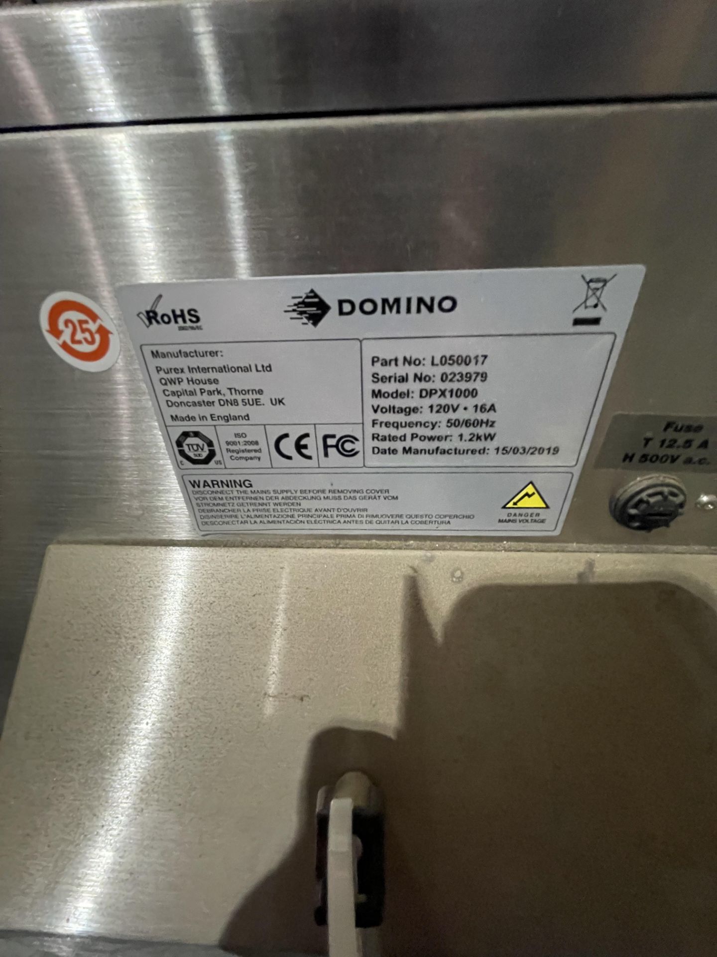 DOMINO DATE CODER, MODEL DPX 1000 (2019 MFG)(Loading, Handling & Site Management Fee: $200.00) - Image 3 of 3