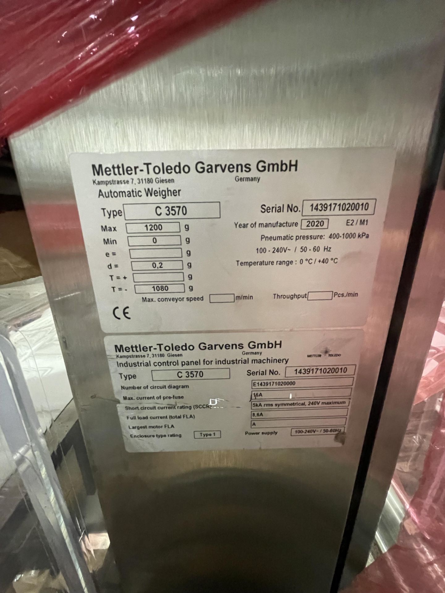 2020 METTLER TOLEDO CHECK WEIGHER, MODEL C 3570, S/N 14171020010, WITH PRODUCT REJECT STATION, - Image 2 of 8