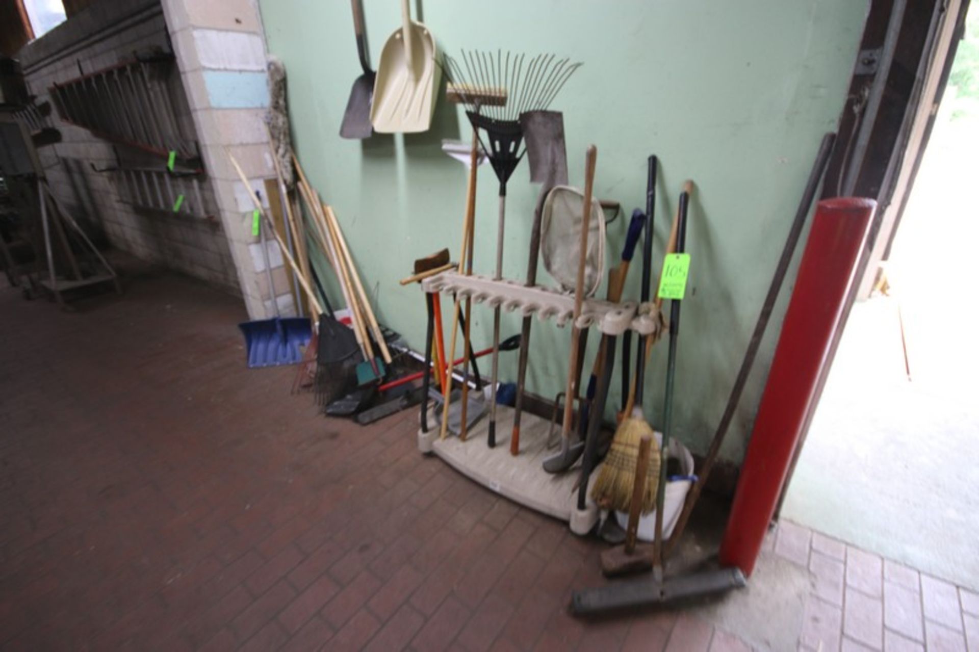 Lot of Assorted Yard Maintenance Tools, Includes Brooms, Rakes, Shovels, Axes, Sledge Hammers,