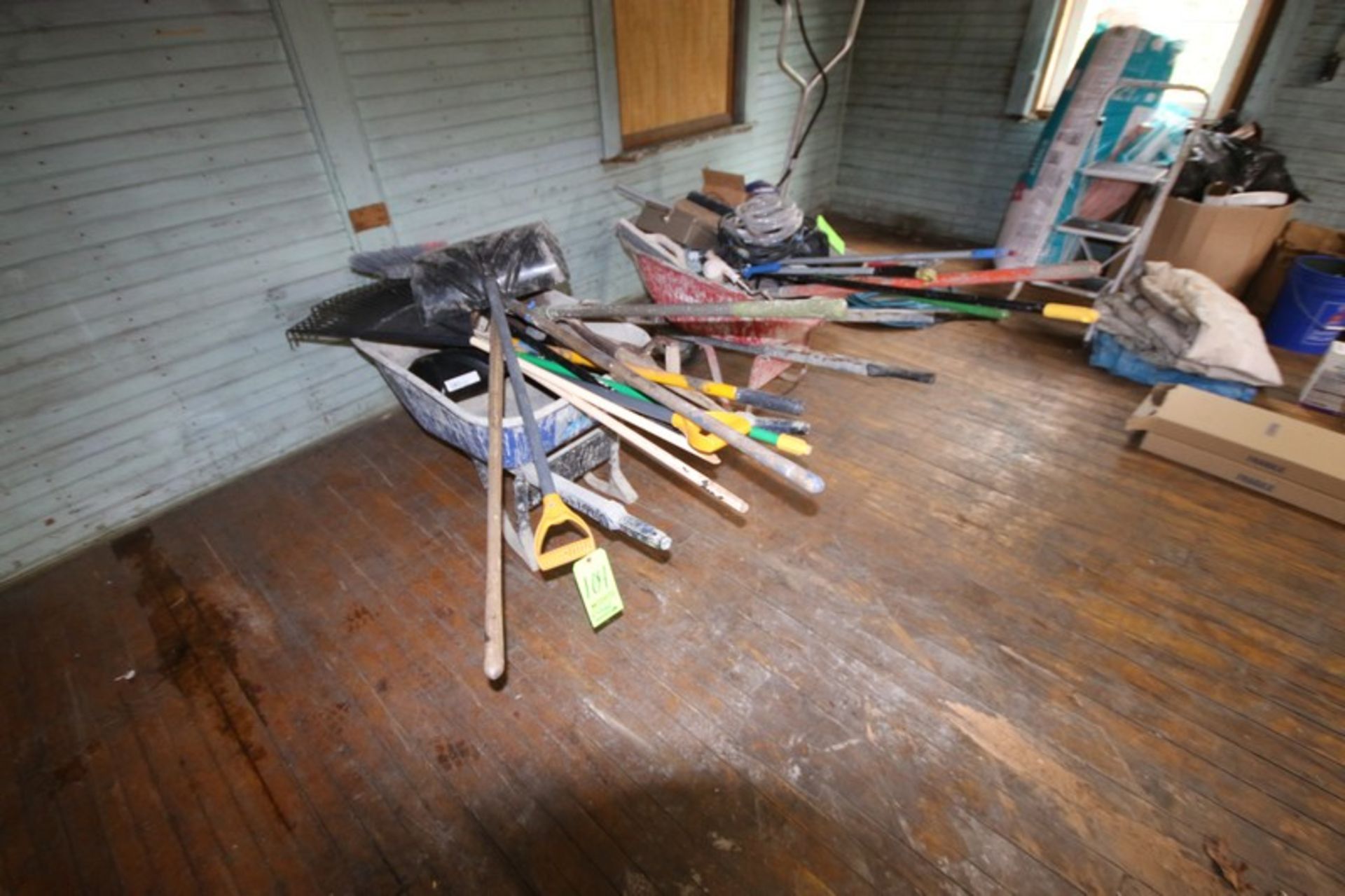 (2) Wheel Barrels with Assorted Lawn Tools Includes Shovels & Rakes (LOCATED IN WOONSOCKET, RI)