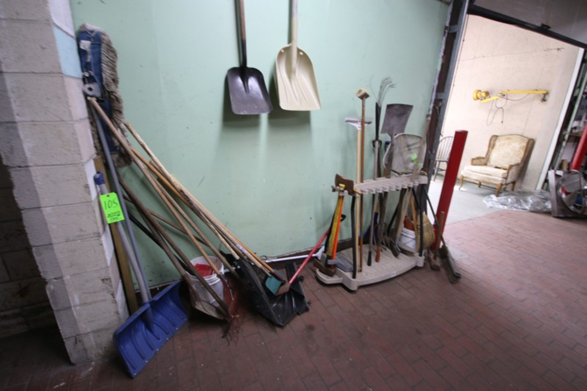 Lot of Assorted Yard Maintenance Tools, Includes Brooms, Rakes, Shovels, Axes, Sledge Hammers, - Image 2 of 2