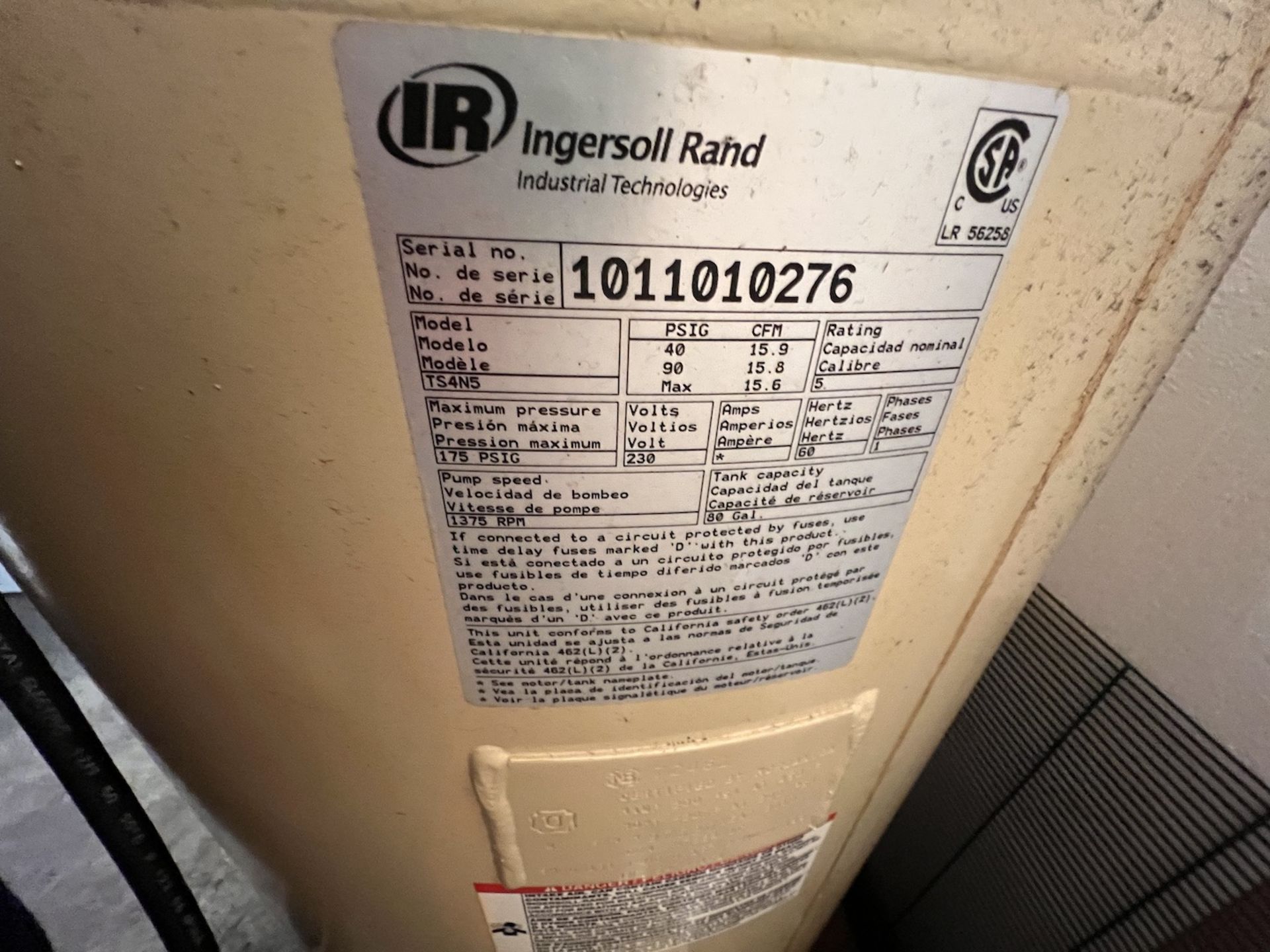 INGERSOL RAND RECIPROCATING AIR COMPRESSOR, MODEL TS4N5, S/N 1011010276, 5 HP, 3450 RPM, - Bild 10 aus 14