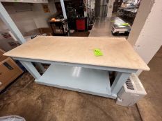 TABLE WITH PLASTIC TOP MOUNTED ON CASTERS, APPROX. DIMS: 66" X 28" X 36" LWH