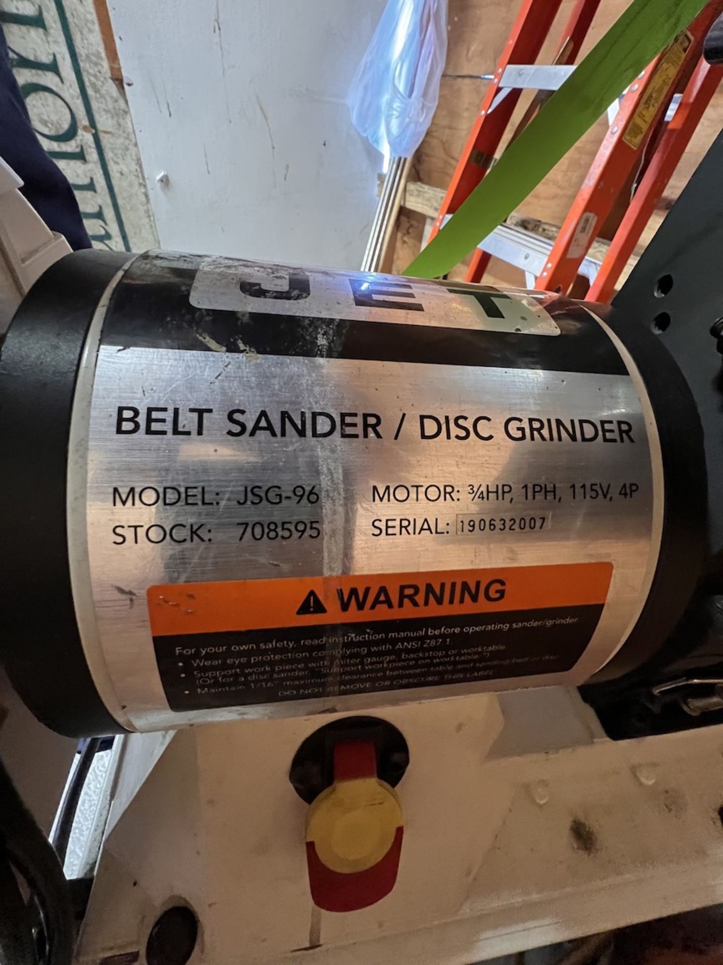 JET BELT SANDER / DISC GRINDER, MODEL JSG-96, S/N 190632007, 3/4 HP - Image 4 of 4