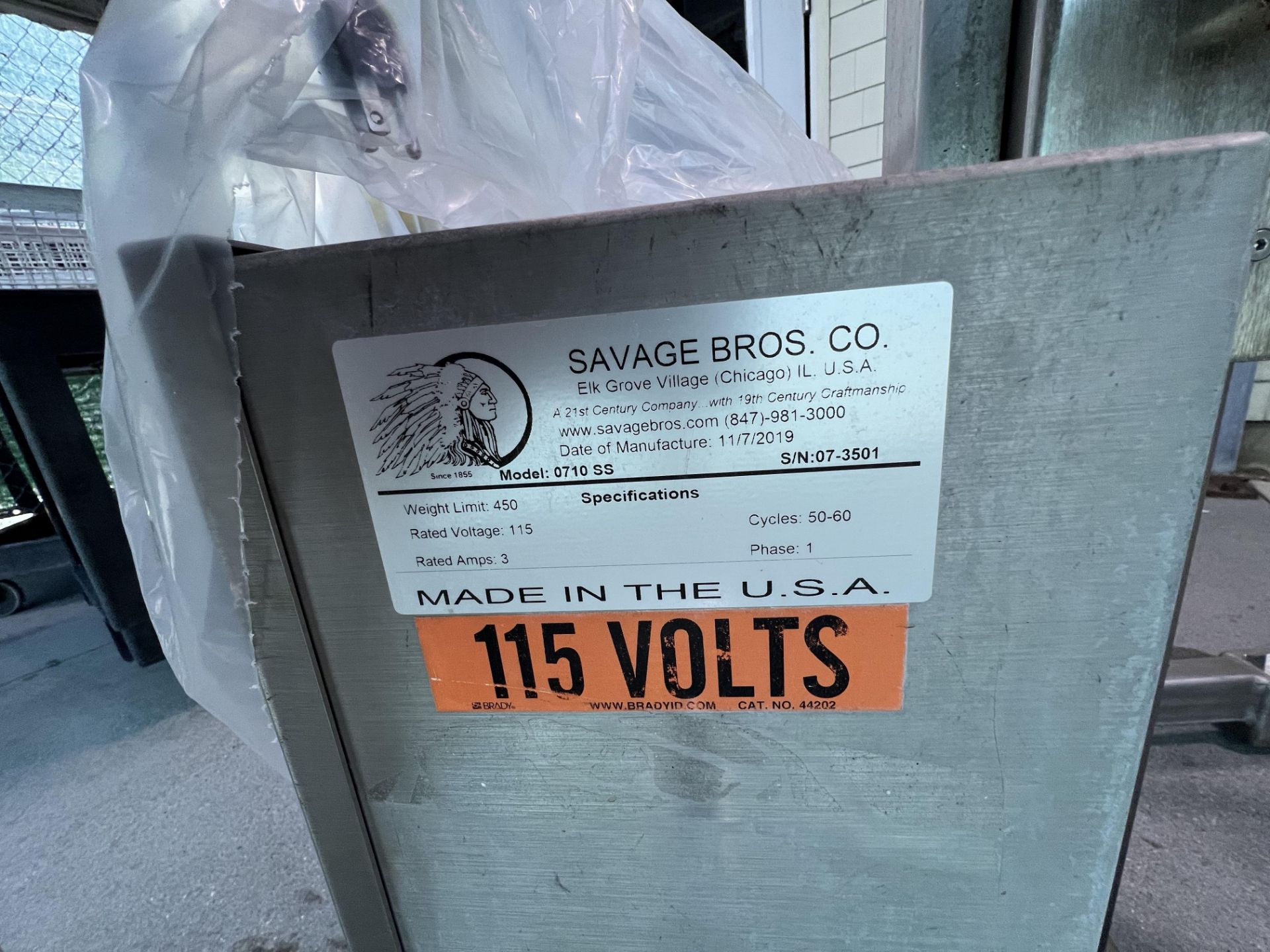 SAVAGE BROS S/S LIFT TILT TRUCK, MODEL 0710 SS, S/N 07-3501, 115 V, 1 PHASE - Image 2 of 9