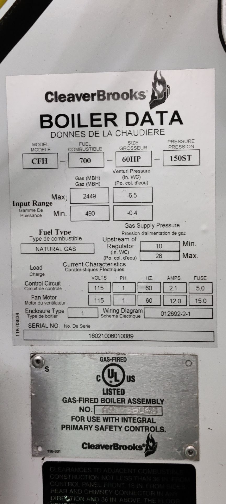 CLEVER BROOKS 60-HP BOILER, MODEL CFH, S/N 16021006010089, 150 ST PRESSURE, NATURAL GAS (BOILER 1) - Image 2 of 10