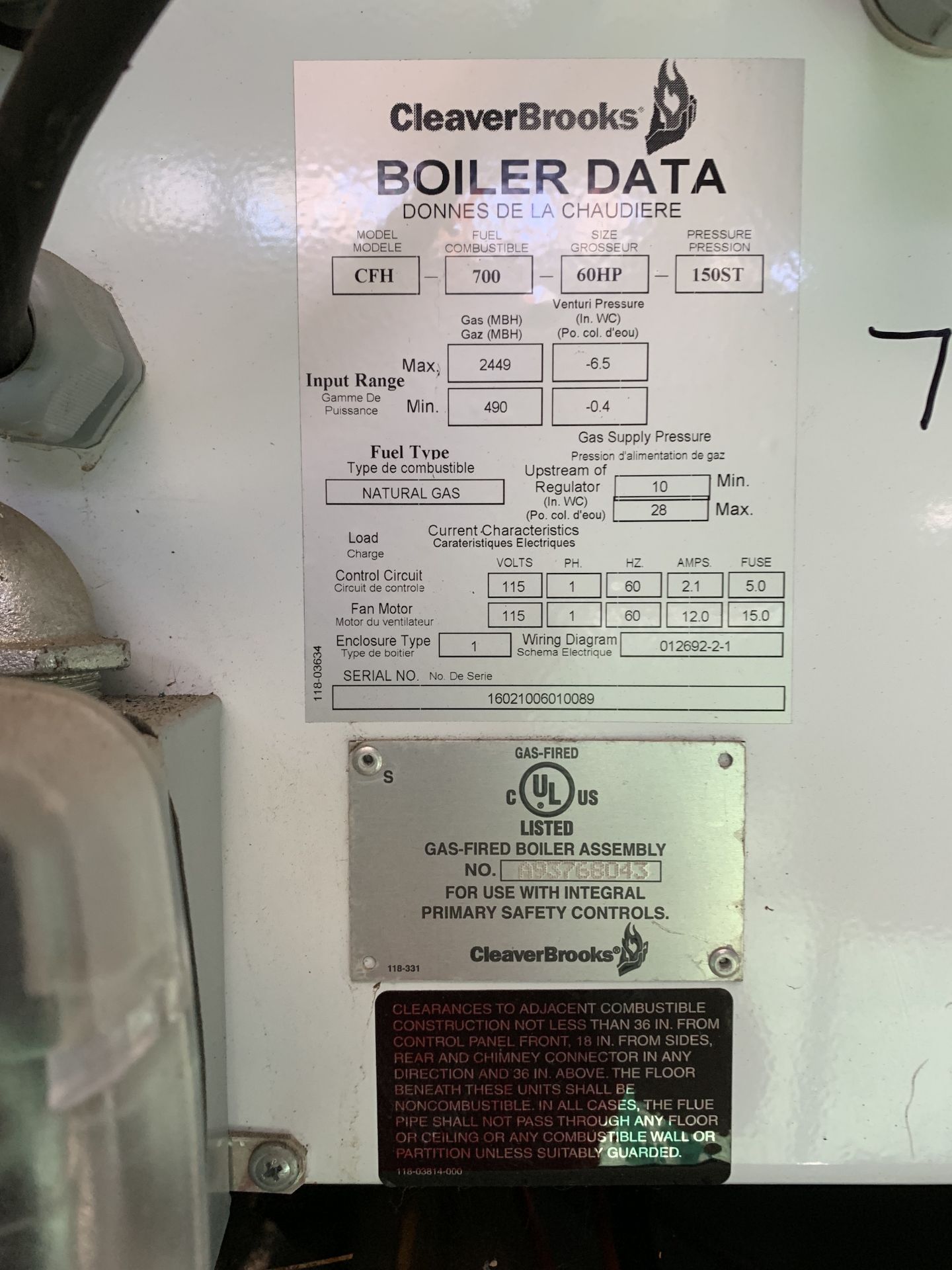 CLEVER BROOKS 60-HP BOILER, MODEL CFH, S/N 16021006010089, 150 ST PRESSURE, NATURAL GAS (BOILER 1) - Image 10 of 10