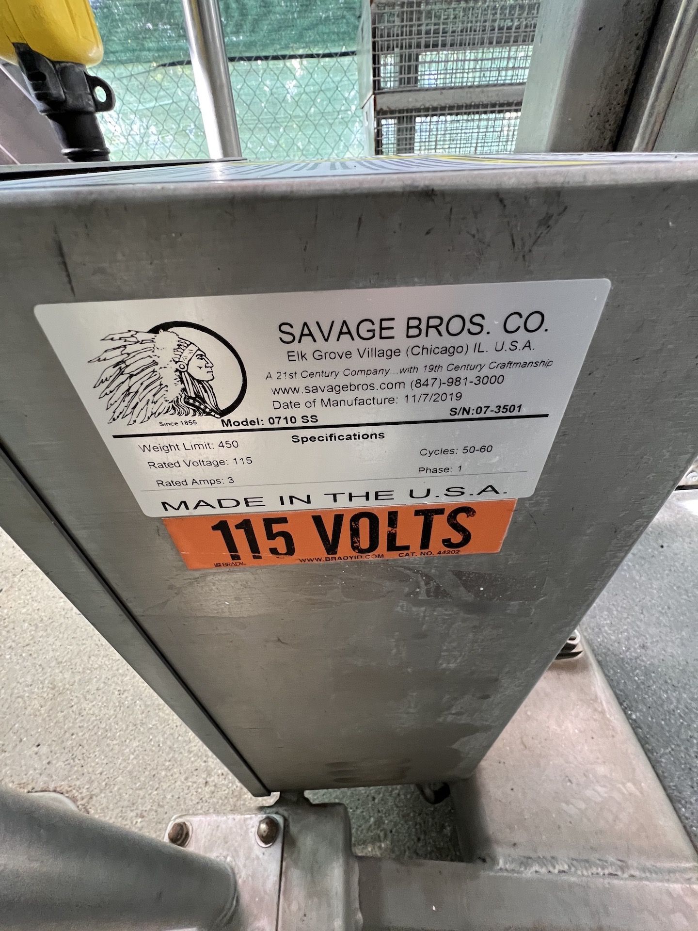 SAVAGE BROS S/S LIFT TILT TRUCK, MODEL 0710 SS, S/N 07-3501, 115 V, 1 PHASE - Image 7 of 9