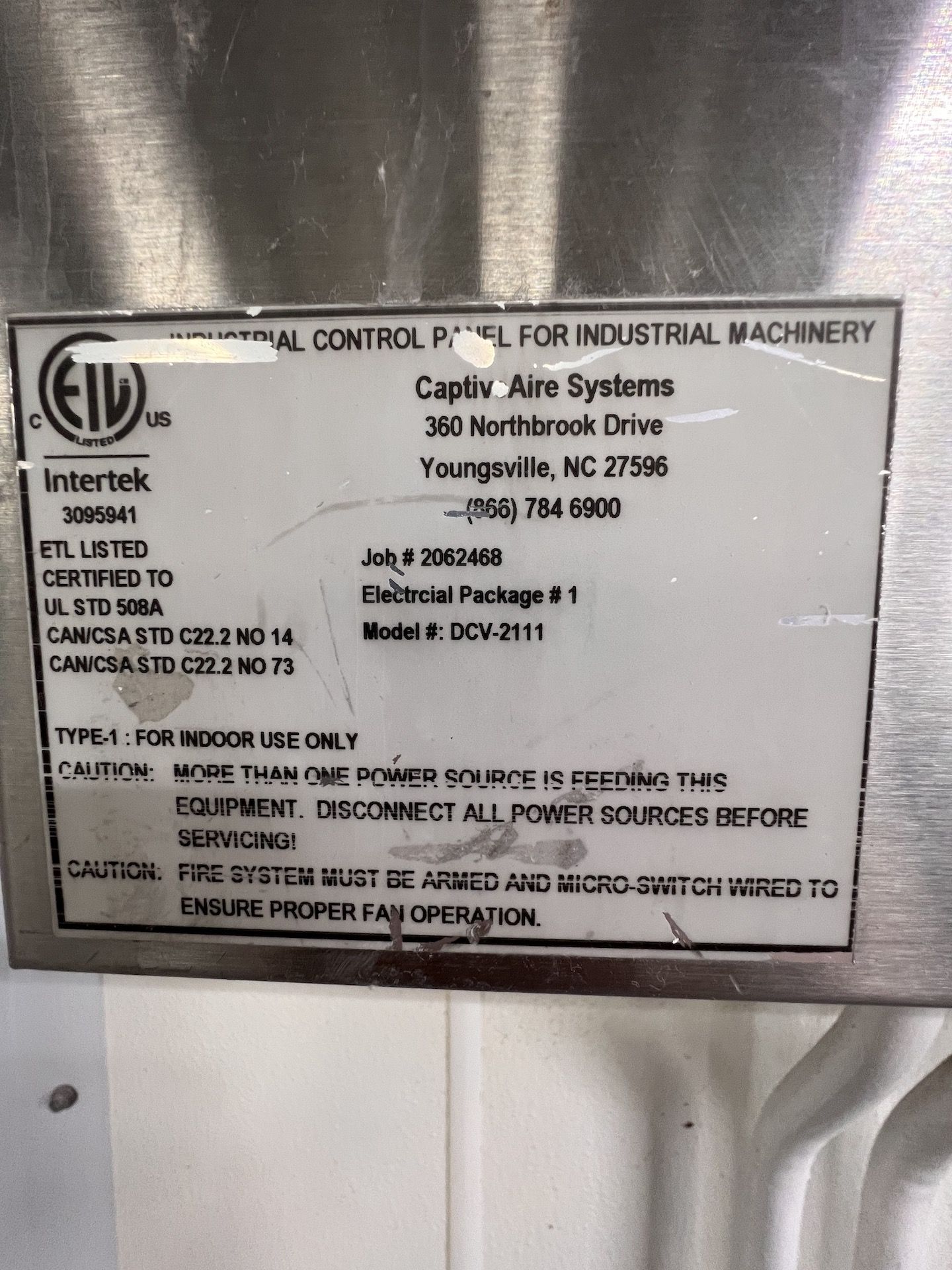 CONTROL PANEL FOR CAPTIVEAIRE EXHAUST SYSTEMS IN LOT 28 AND 28A, MODEL DCV-2111 - Image 3 of 3