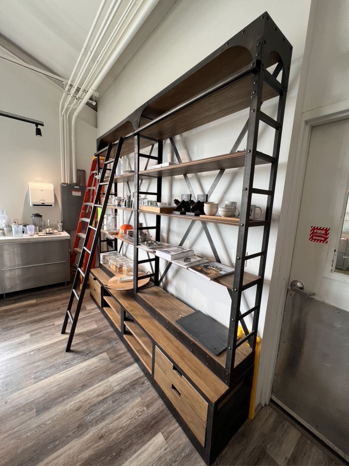 WOOD AND METAL SHELF WITH LADDER ATTACHMENT (DOES NOT INCLUDE CONTENTS)