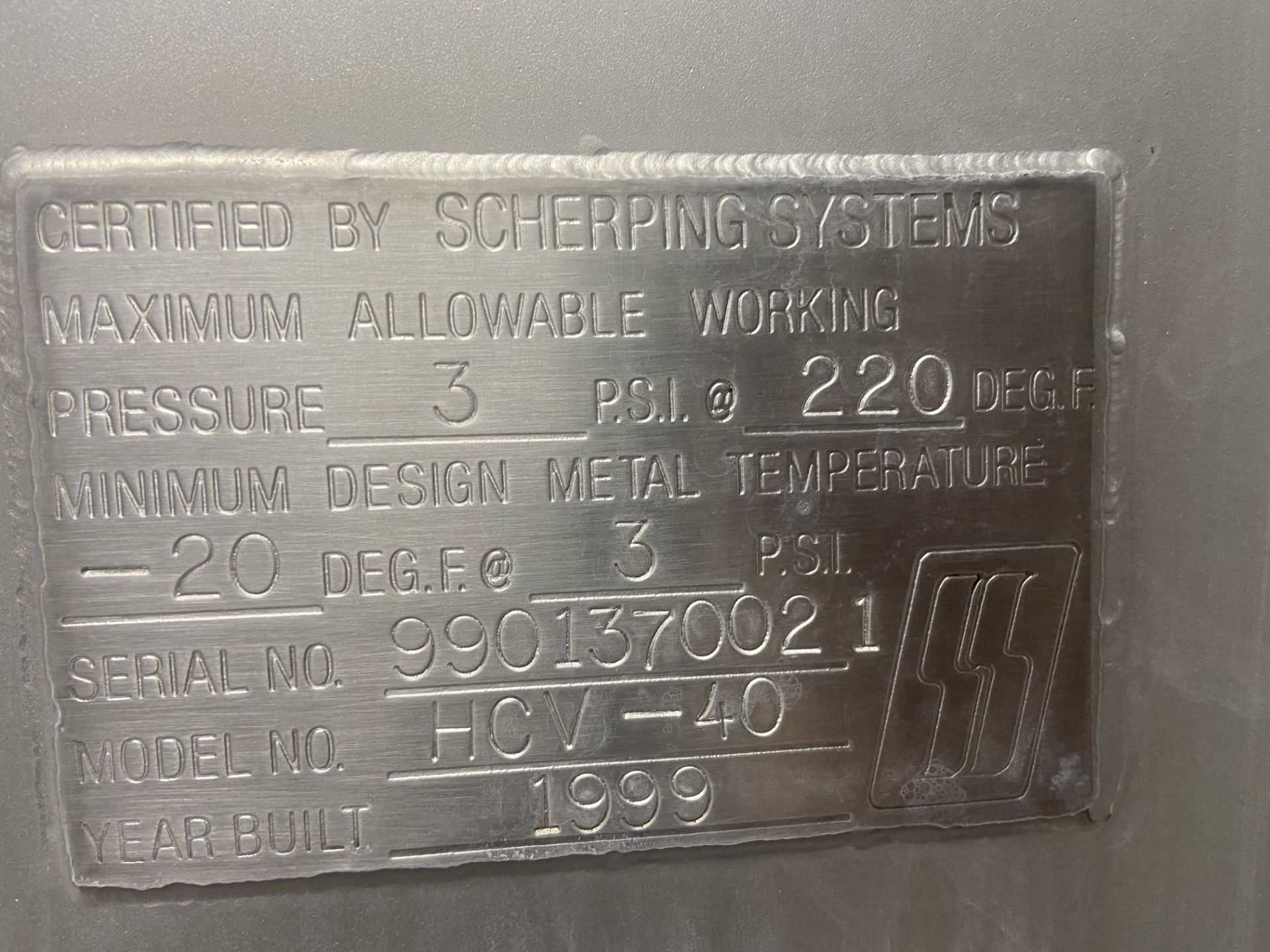 Scherping Systems S/S Horizontal Jacketed Cheese Vat, M/N HCV-40, S/N 9901370021, Max. Allowable - Image 7 of 23