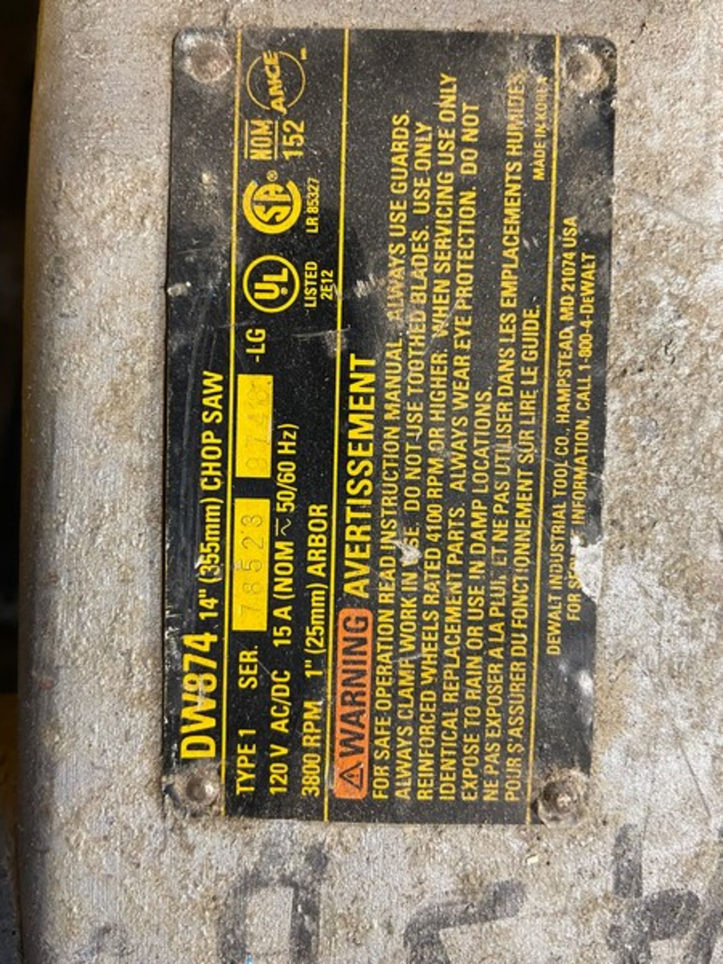 DeWalt 14” Abrasive Chop Saw, S/N 78523, 120 Volts (NOTE: No Blade) (LOCATED IN MONROEVILLE, PA)( - Image 4 of 5